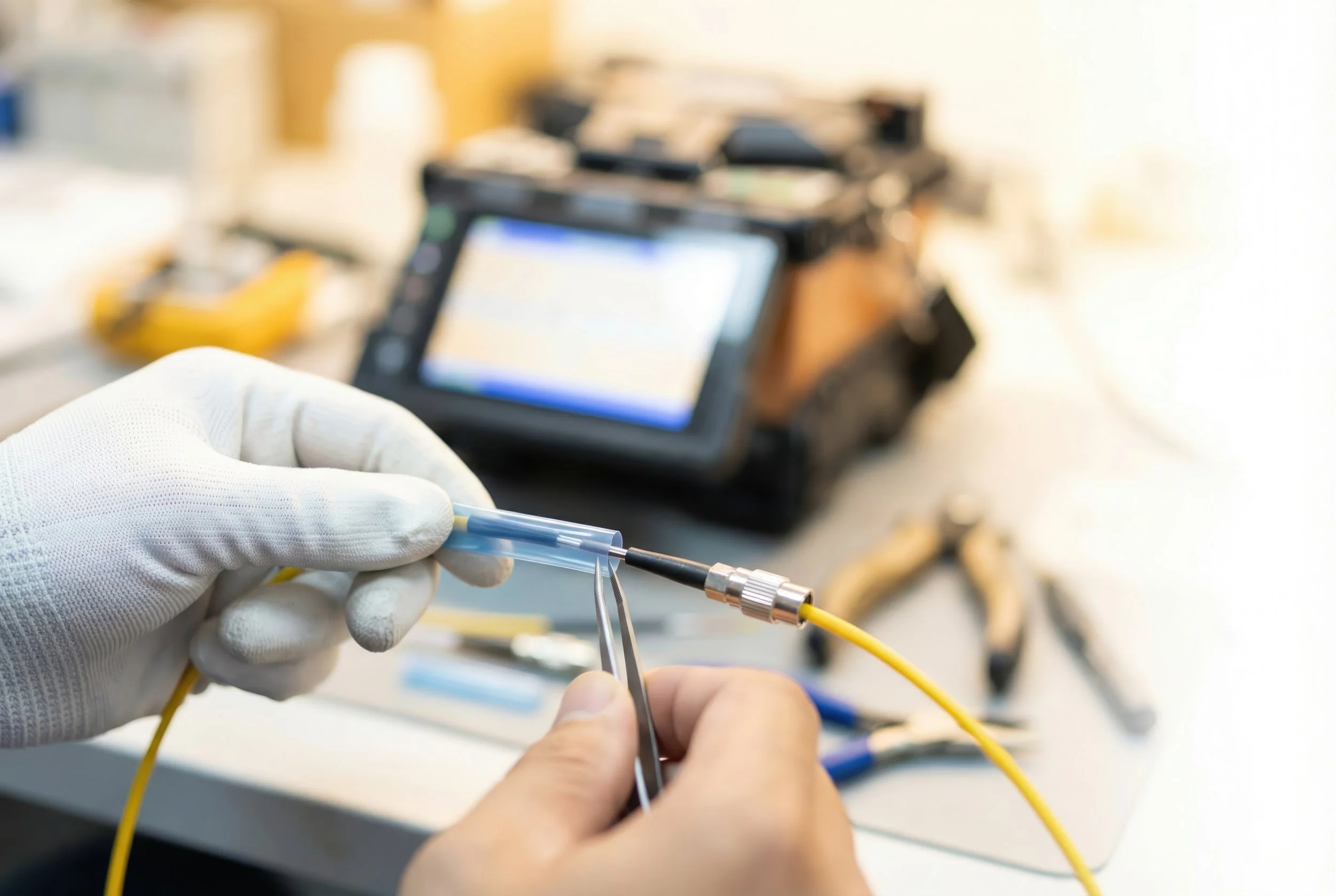 OTDR testing device showing fiber optic signal analysis and splice loss measurements