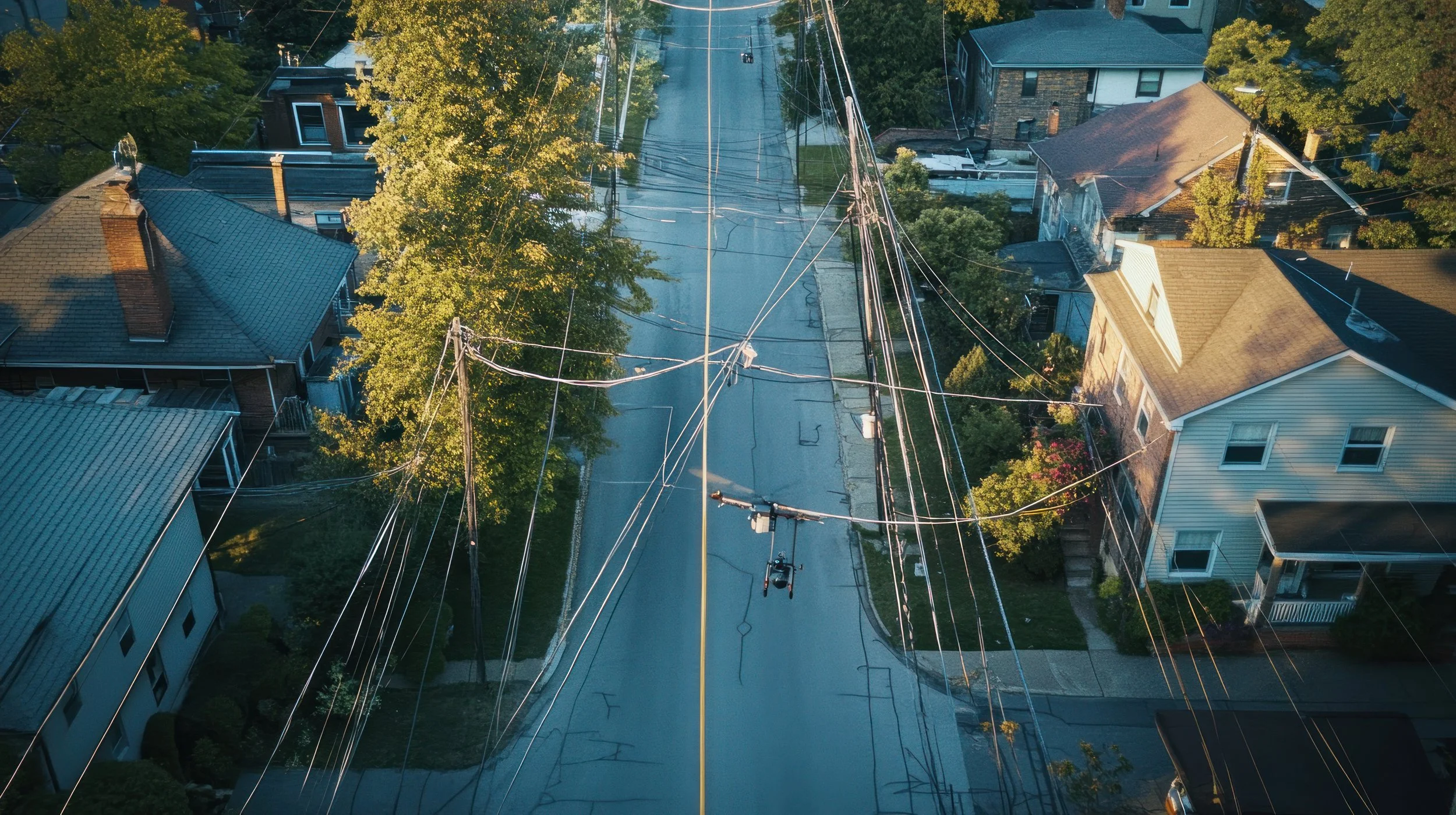 Drone equipped with high-resolution and thermal imaging cameras conducting aerial fiber plant inspection over a long span.