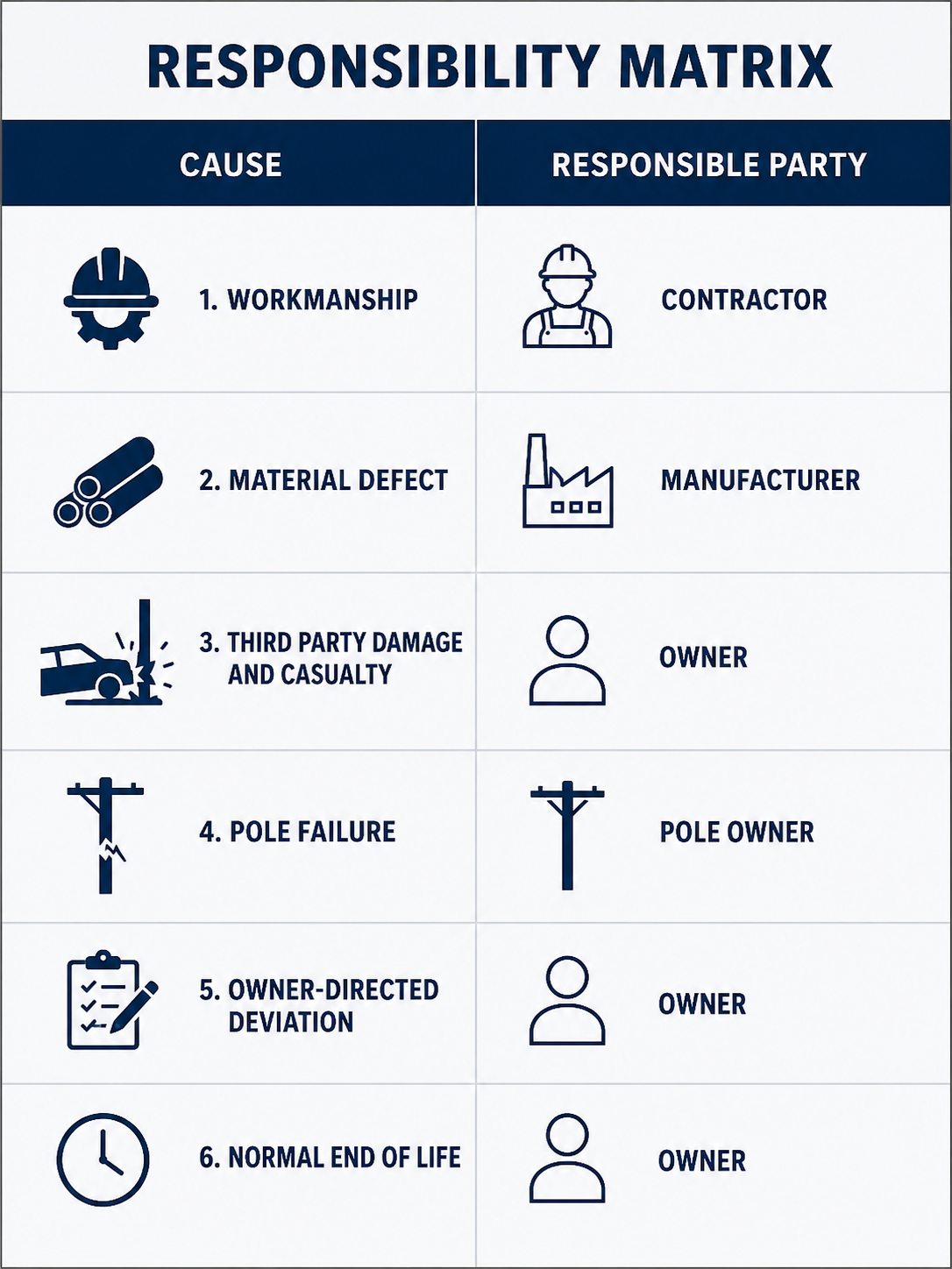 A matrix mapping six failure causes to the responsible party, including workmanship to contractor and pole failure to pole owner.