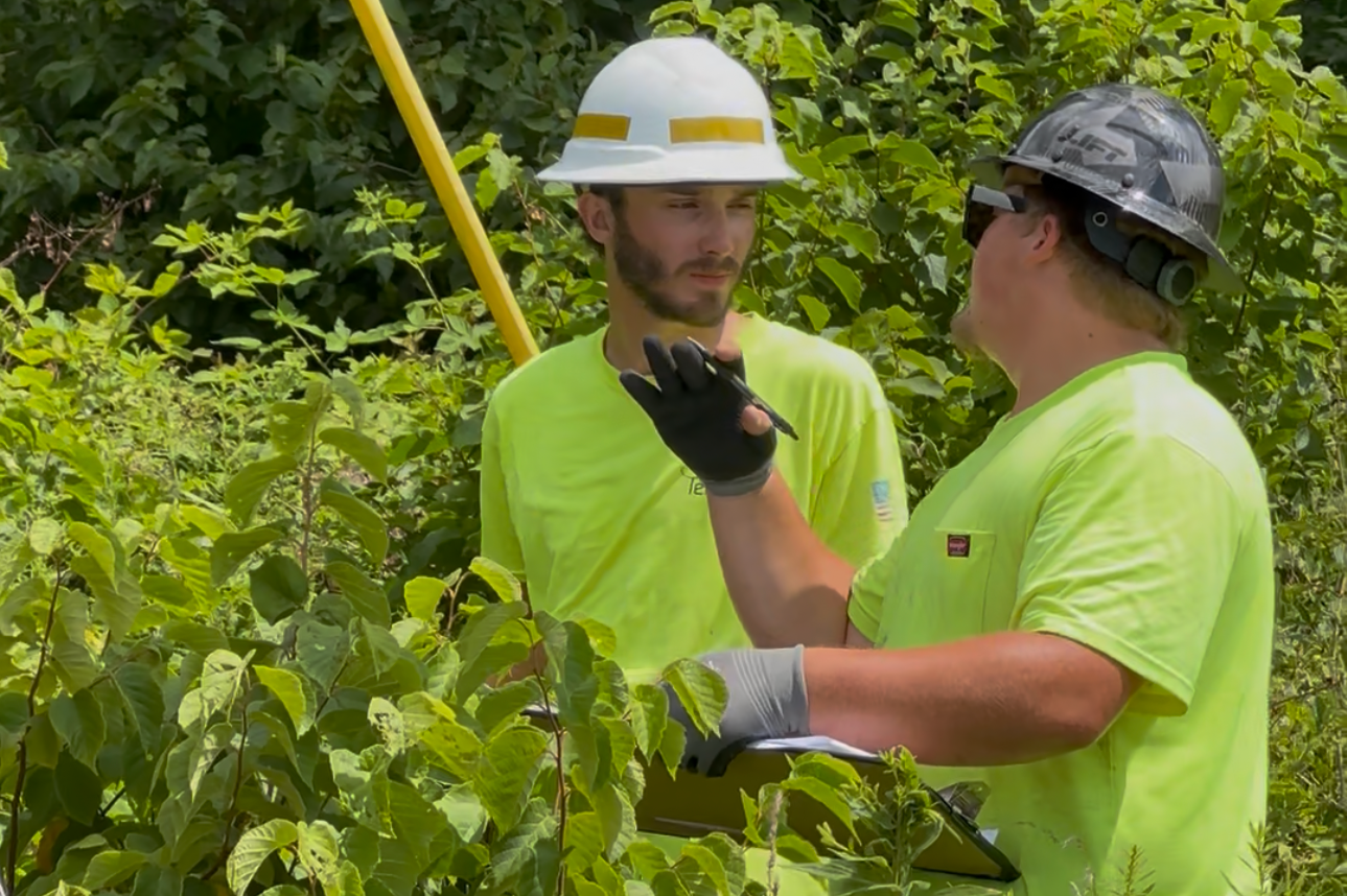 Field survey crew member recording existing pole attachments during fiber route design