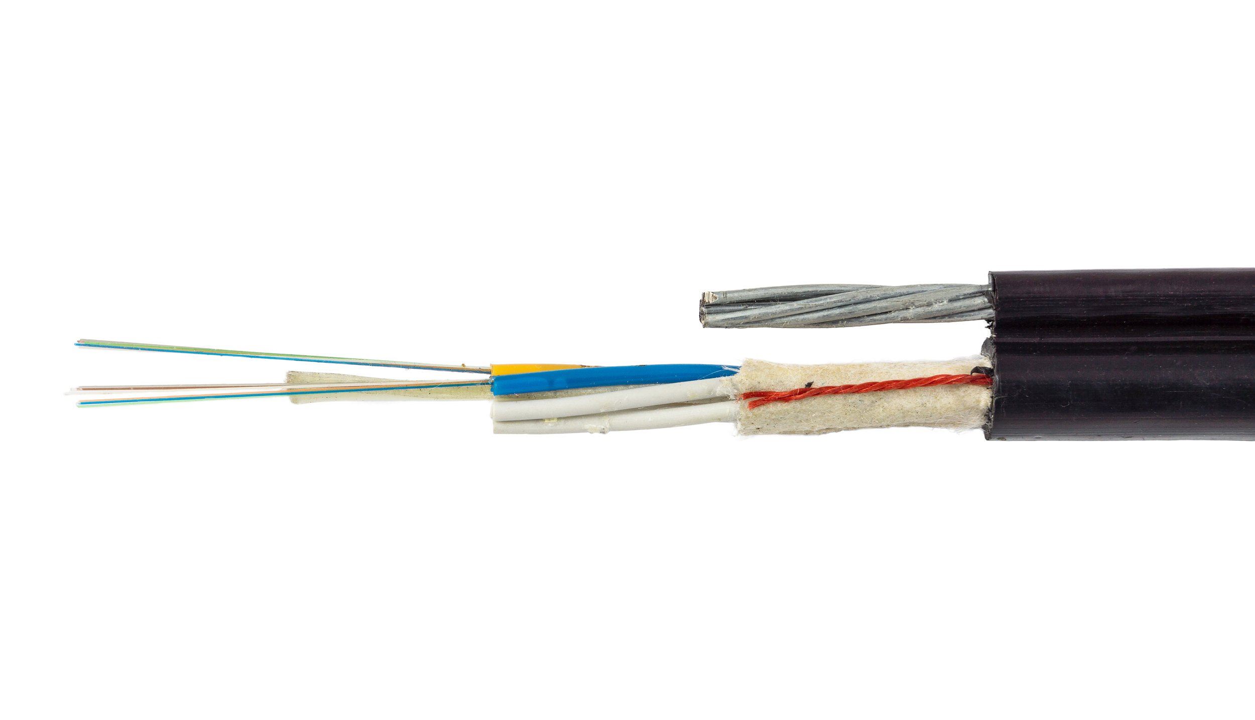 Figure-8 aerial fiber cable on a spool, showing the integrated steel messenger strand bonded to the fiber optic core.