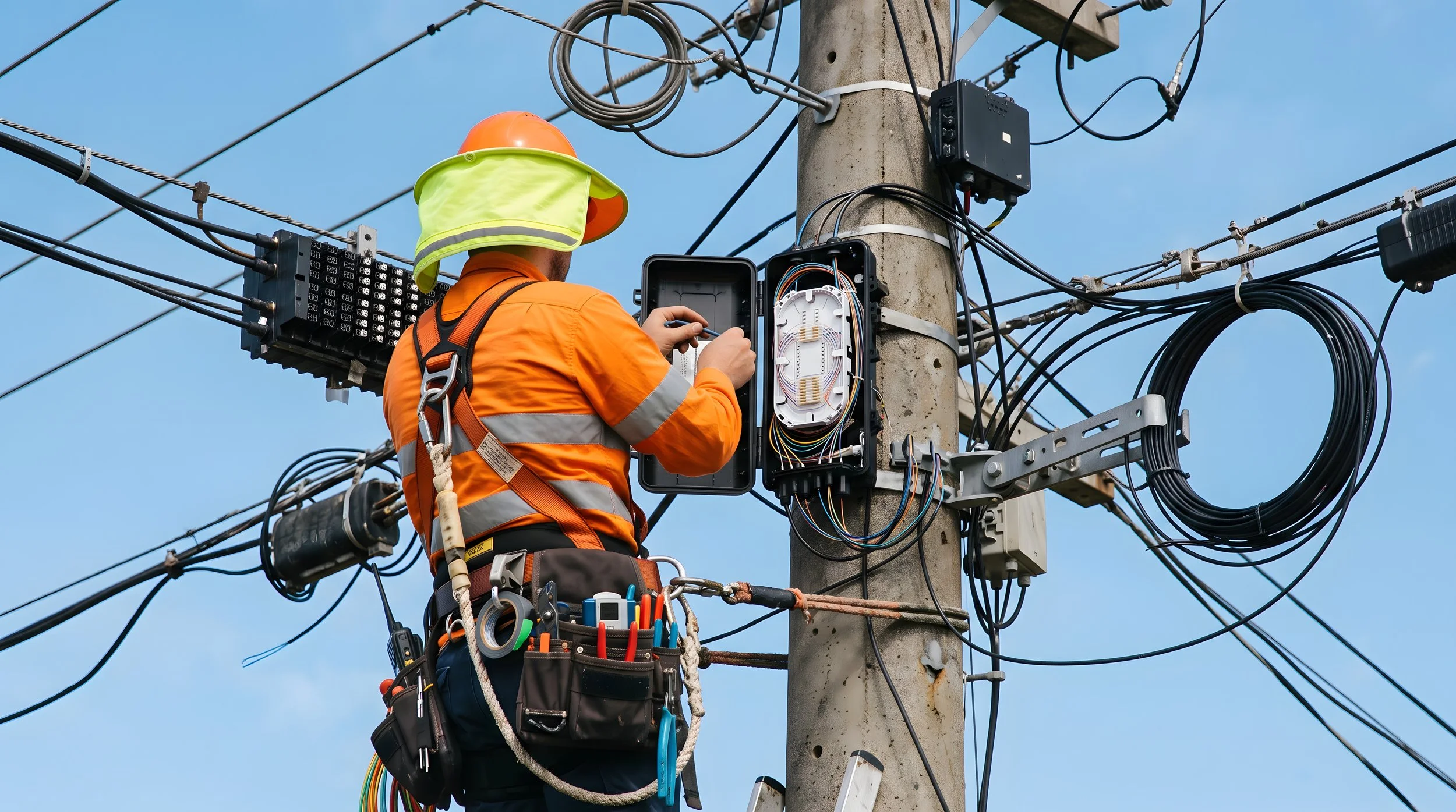 Technician working a service terminal where a fiber drop connects a home to existing plant