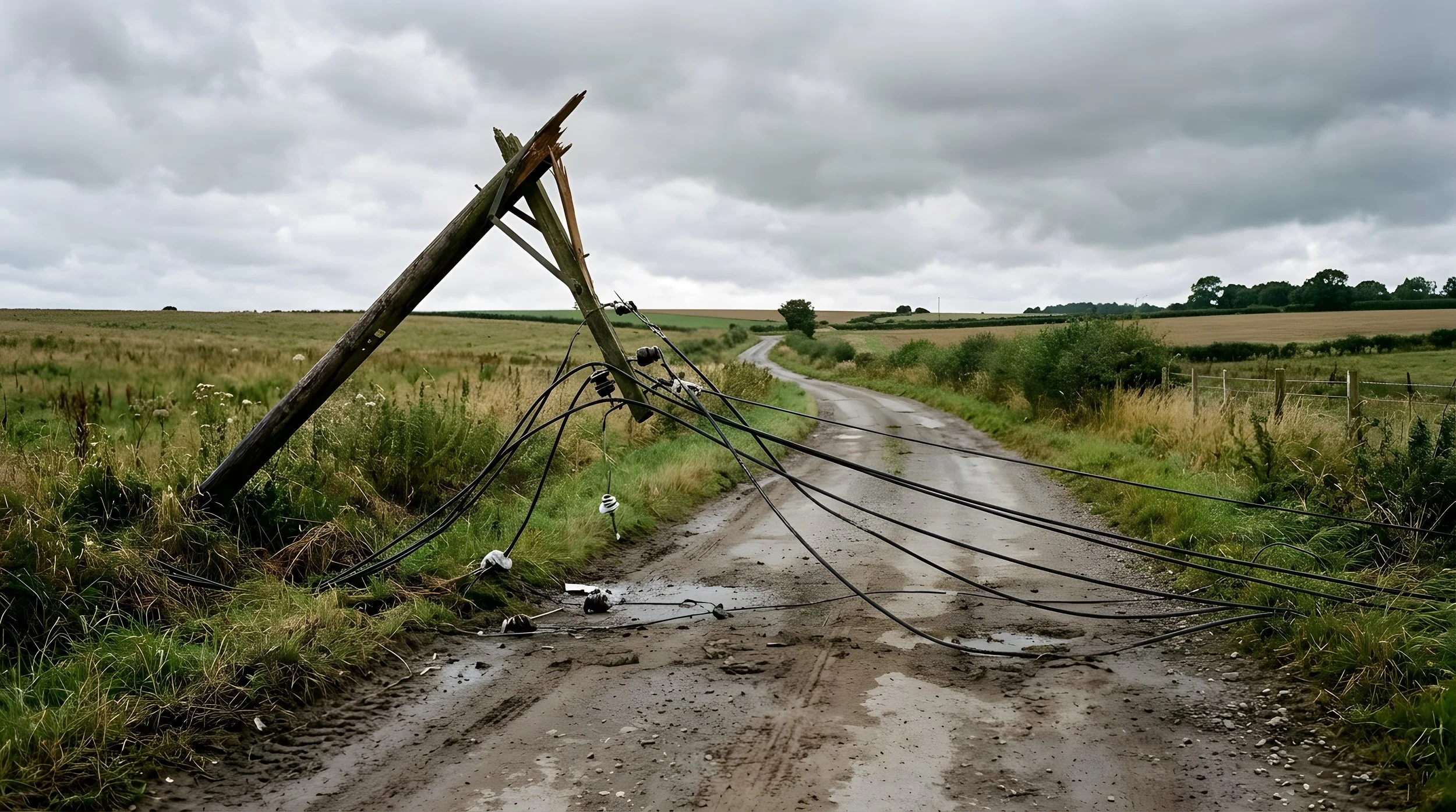 Tree branches encroaching on aerial cable lines, the leading source of weather-related fiber outages and a primary target of preventive vegetation management.