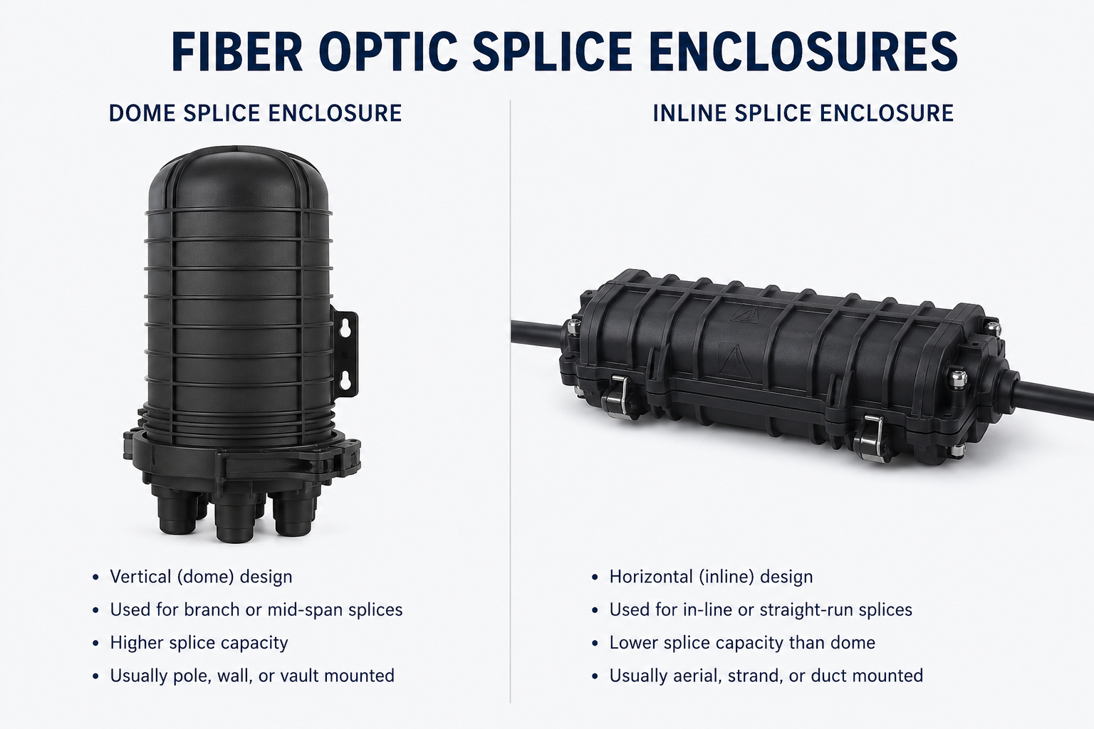 A dome splice closure beside an inline closure showing the difference in profile and cable entry arrangement.