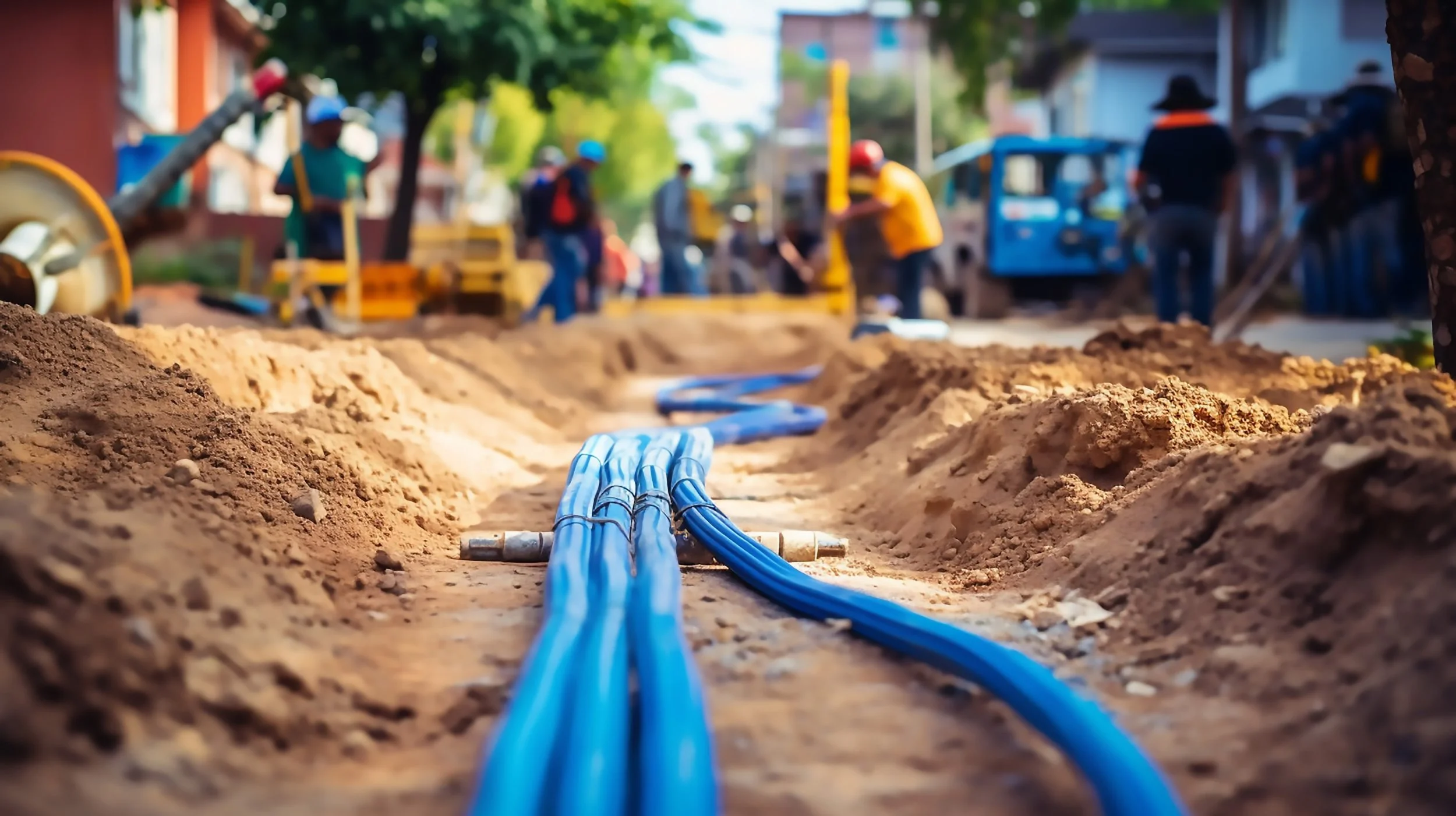 Underground fiber optic cable installation with trenching and conduit placement
