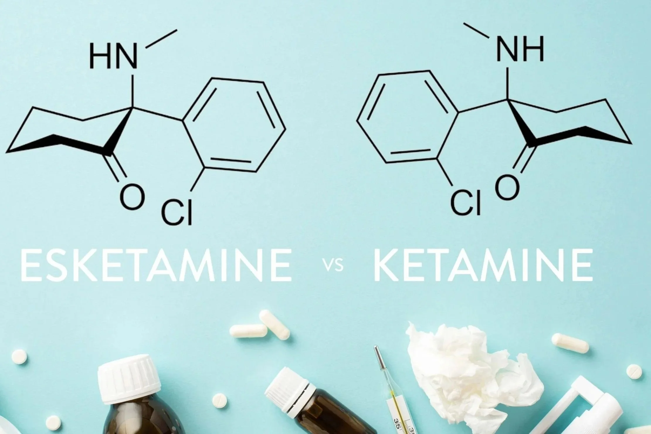 Illustration comparing the chemical structures of ecstasy (esketamine) and ketamine, with pills, powder, and medication bottles in the foreground.