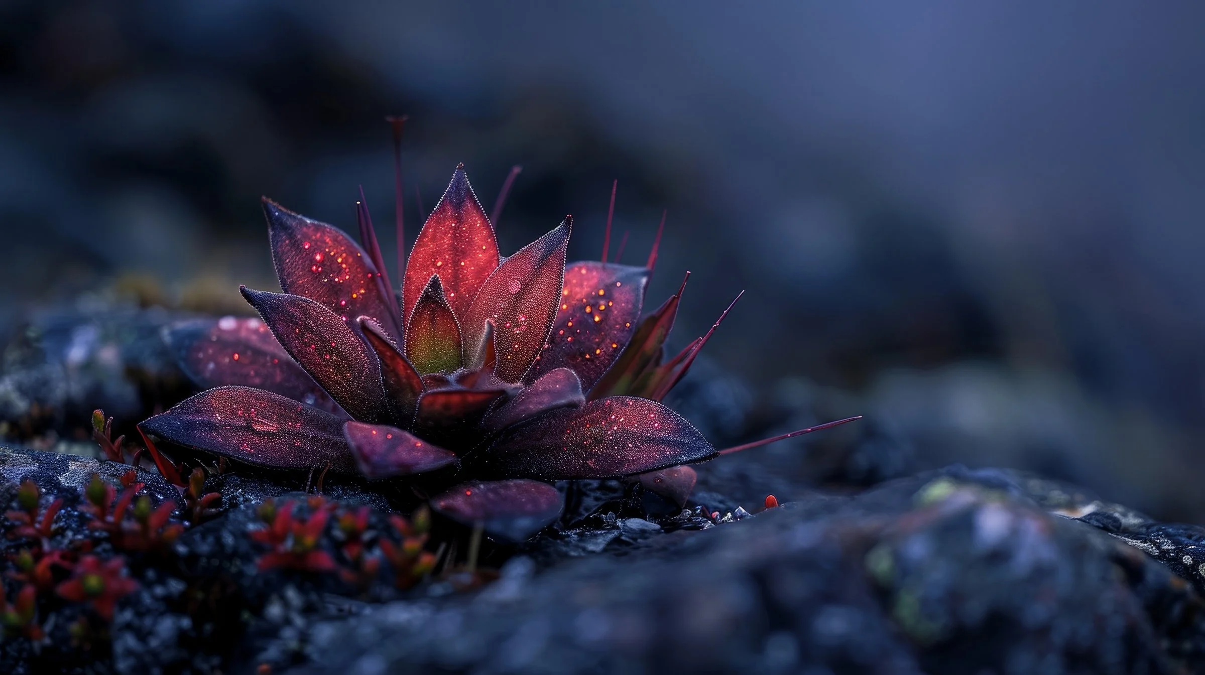 Close-up of a dark red and purple succulent plant with tiny droplets of water on its leaves, growing on a rocky surface.