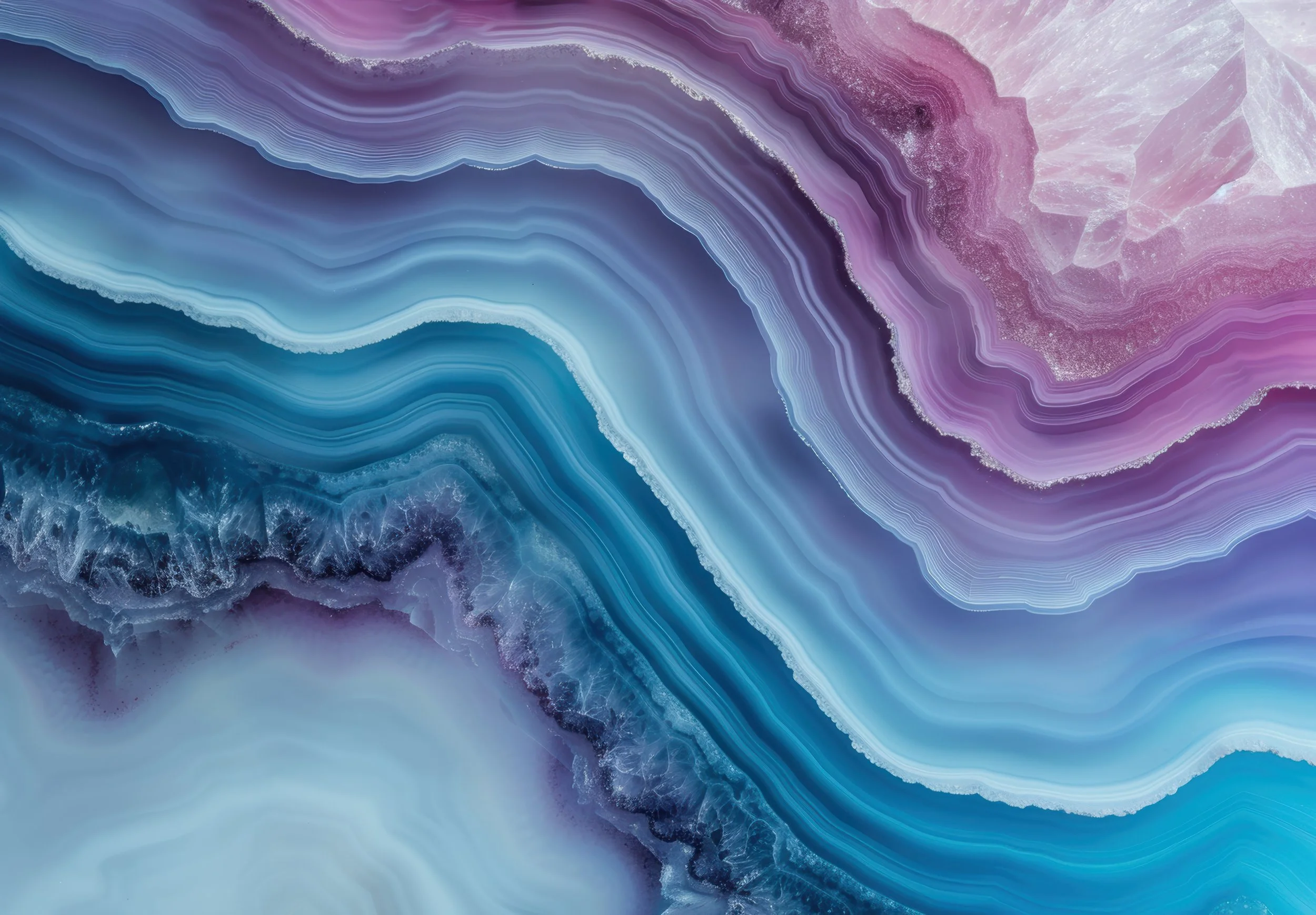 Close-up of a colorful agate or mineral, featuring layered blue, purple, and pink hues with intricate banding patterns.