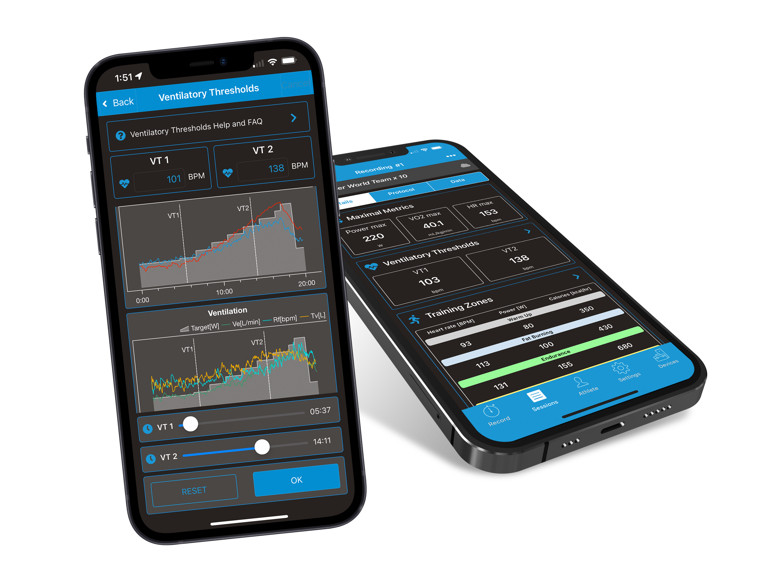 Two smartphones displaying fitness tracking and ventilatory threshold data for athletic performance monitoring.