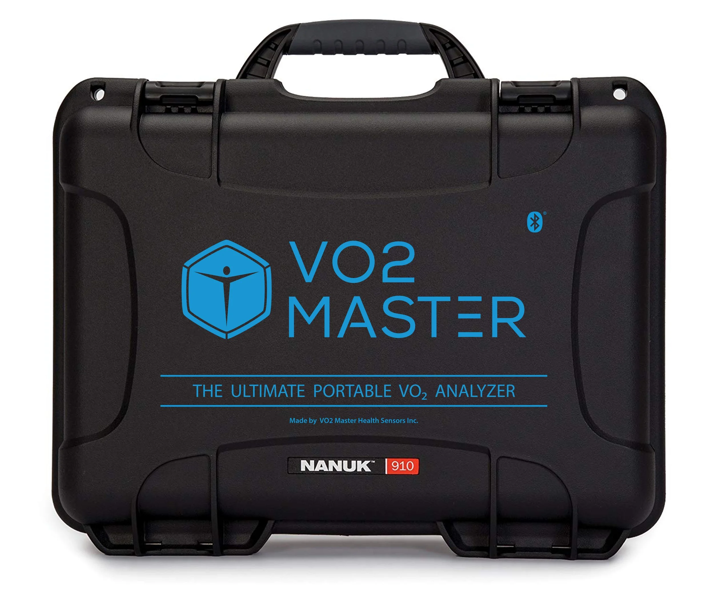 Black portable case labeled VO2 Master and Nanuk 910, used for measuring blood oxygen levels via a VO2 analyzer.