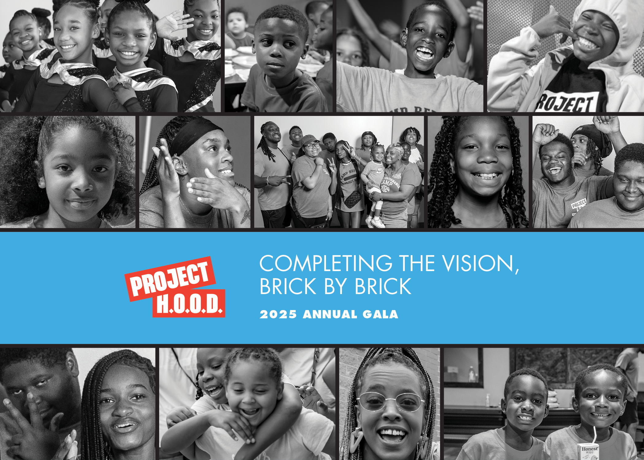 A collage of black and white photos of children and adults smiling, laughing, and interacting at a community event. The center features a blue banner with the Project H.O.O.D. logo and text about an annual gala.