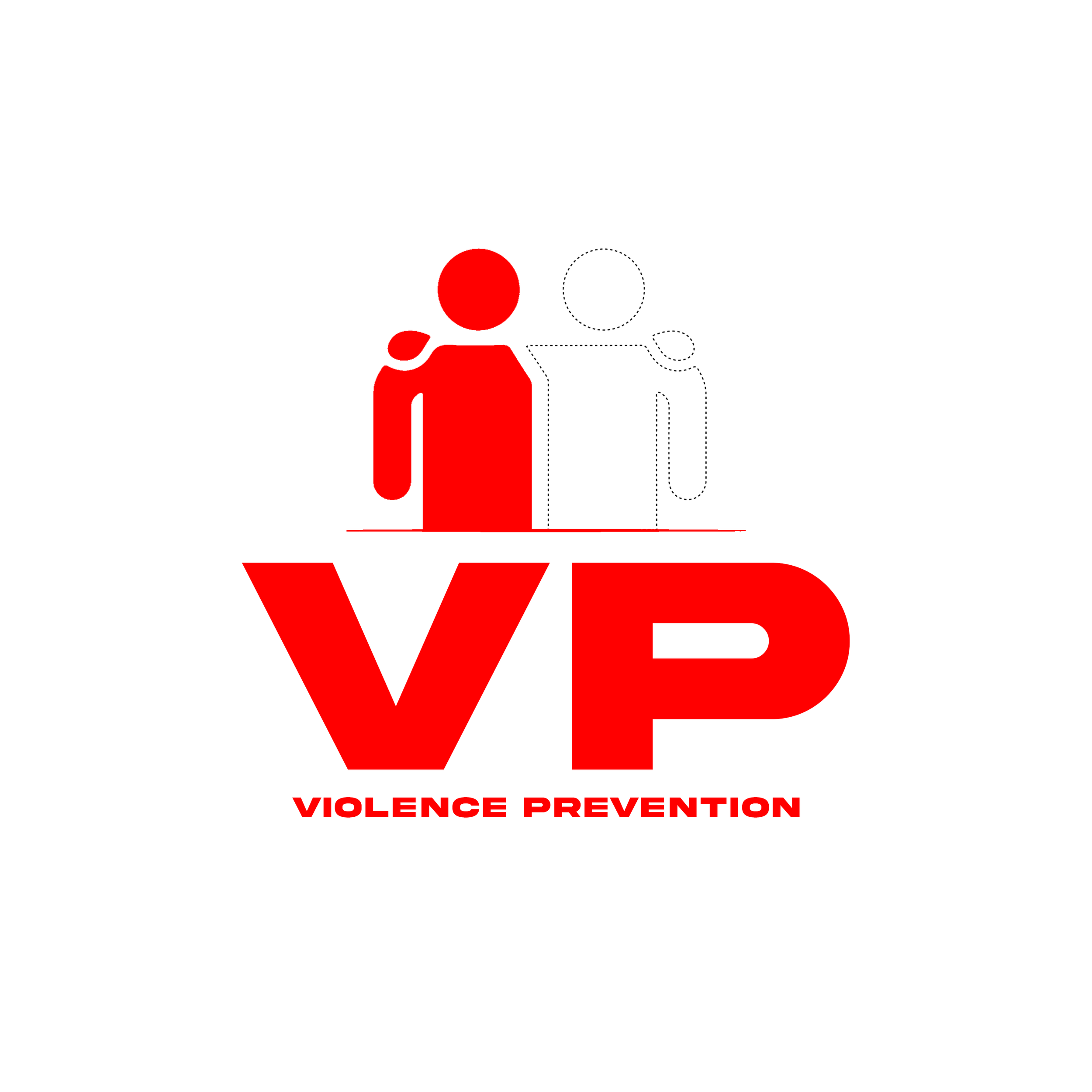 Logo for Violence Prevention with the letters 'VP' in bold red, an illustration of two figures with one in red and one in outline, and the text 'Violence Prevention' below.