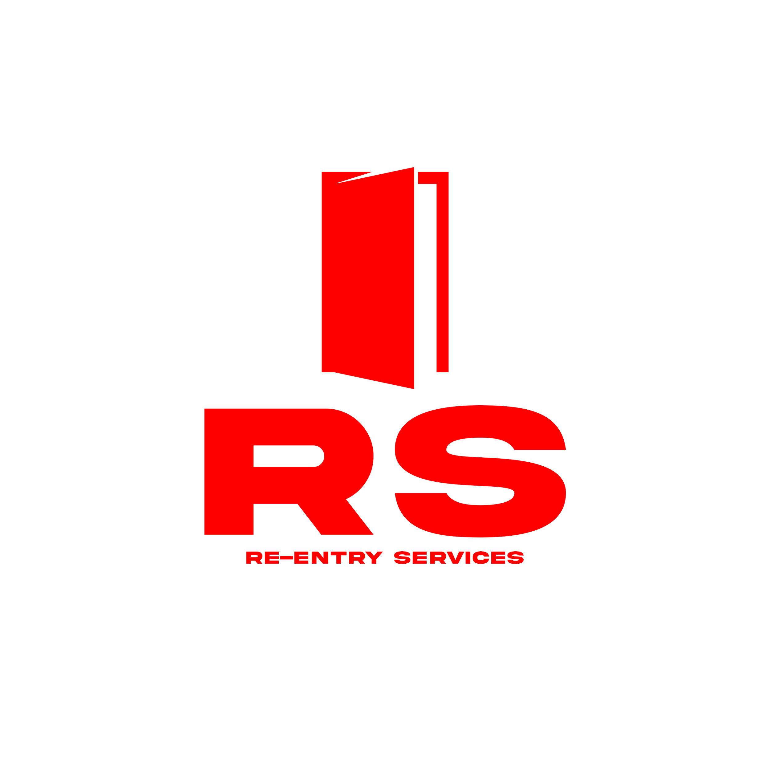 Red and white logo for Re-Entry Services featuring a door graphic, large red letters 'RS', and the business name in smaller red text.