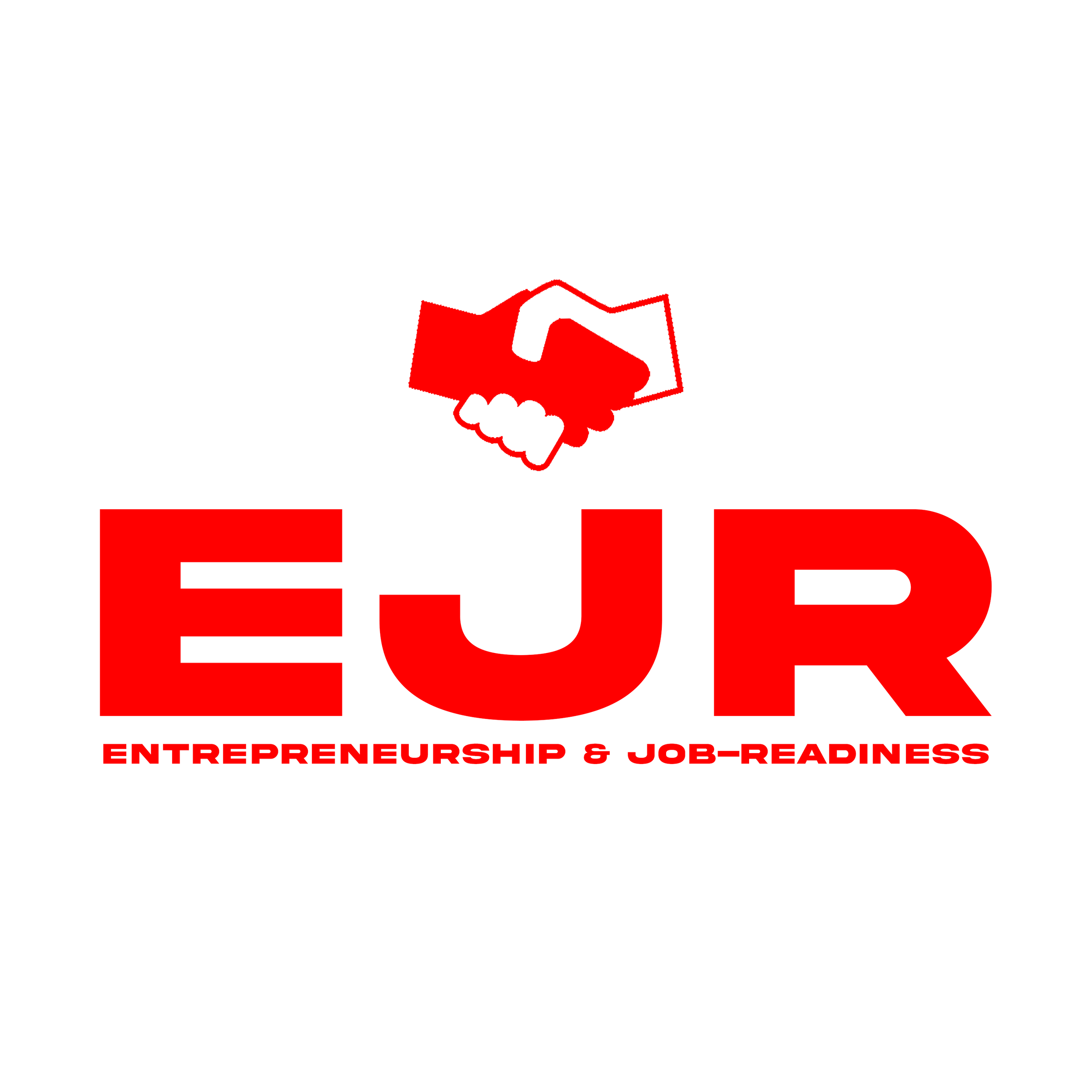 Red logo with a handshake above the large red letters "EJ." Below, in smaller red font, it says "Entrepreneurship & Job-Readiness."