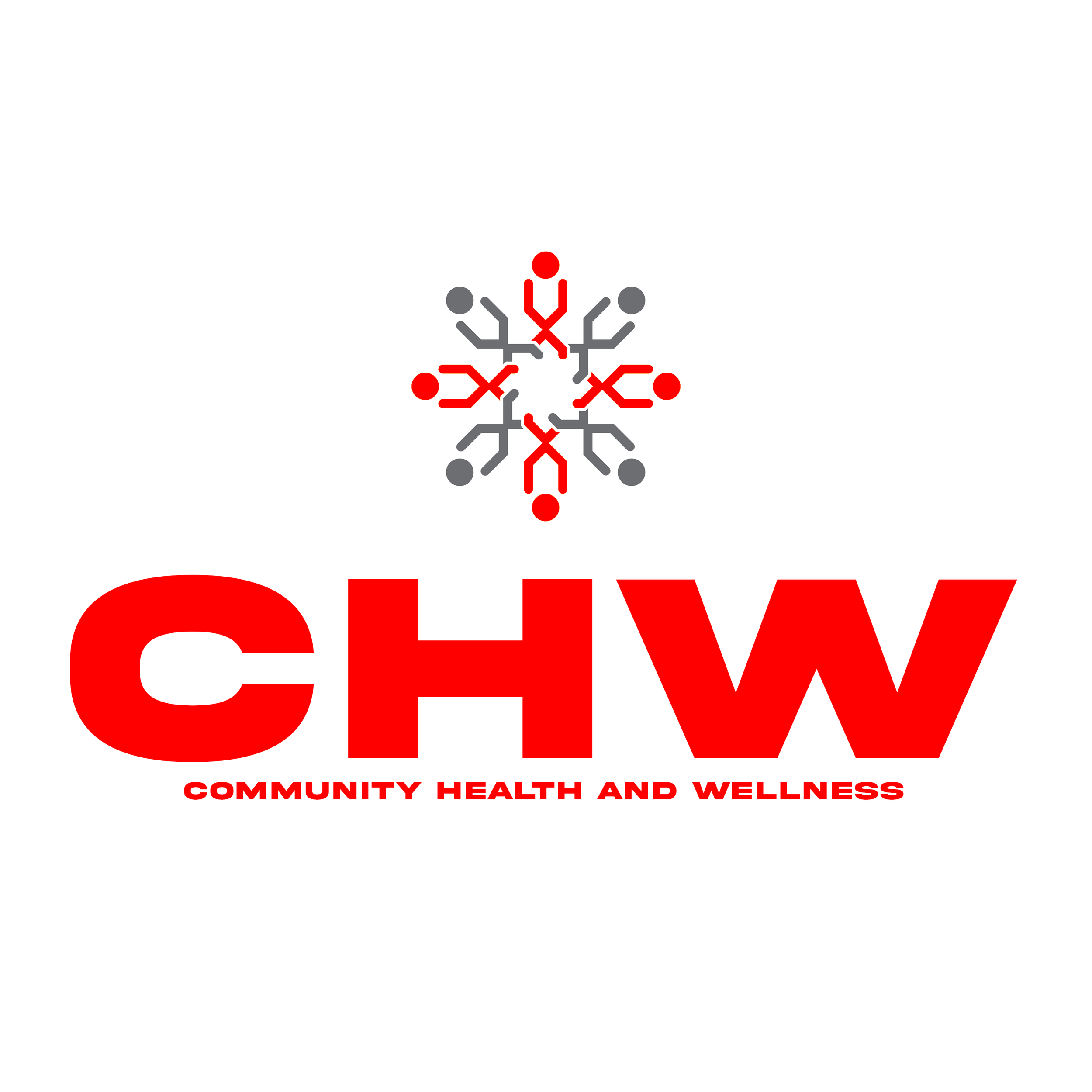 Logo for Community Health and Wellness (CHW) featuring a stylized snowflake with human figures and the text 'CHW' and 'Community Health and Wellness' in red.