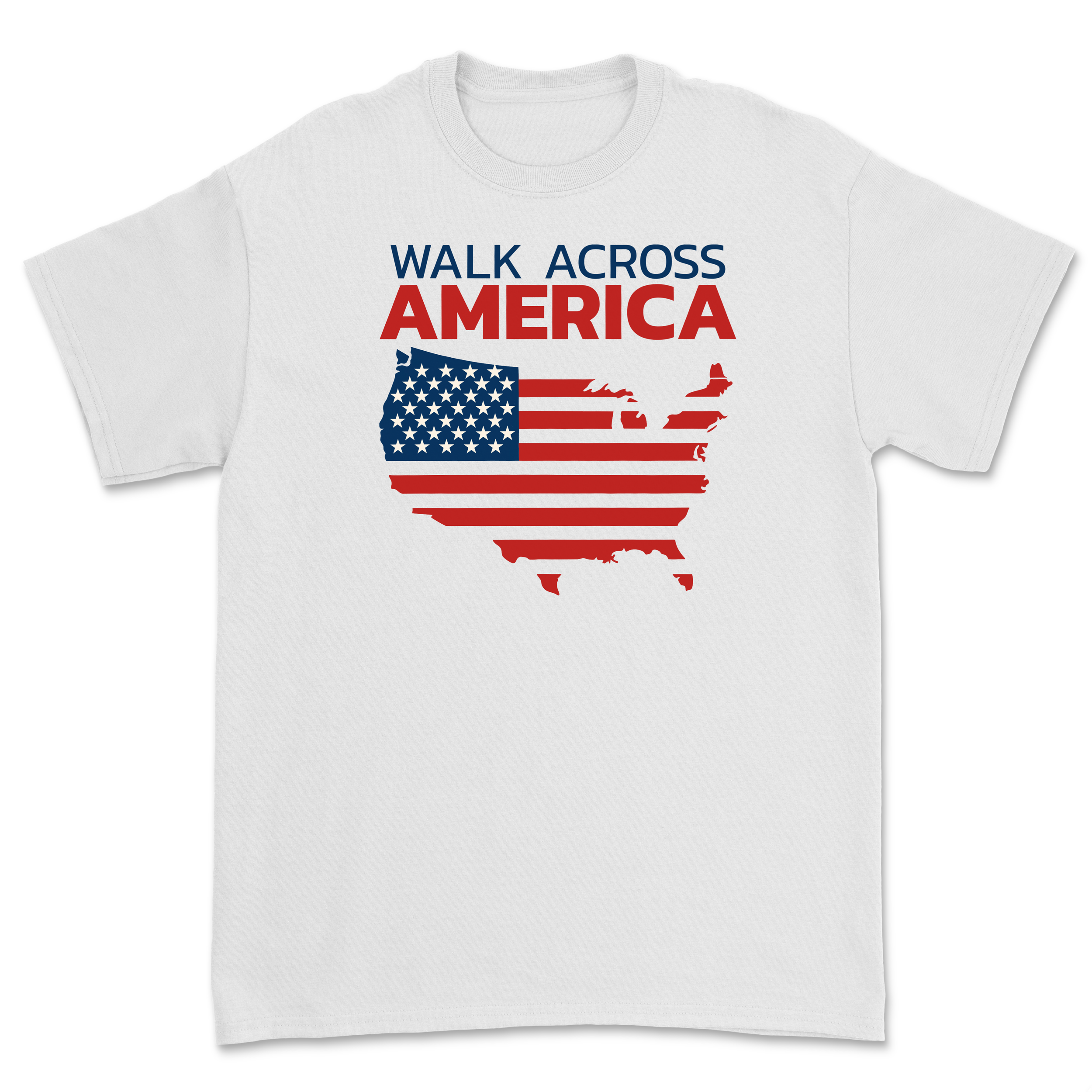 White T-shirt with text 'Walk Across America' above a graphic of the United States map filled with American flag colors and patterns.