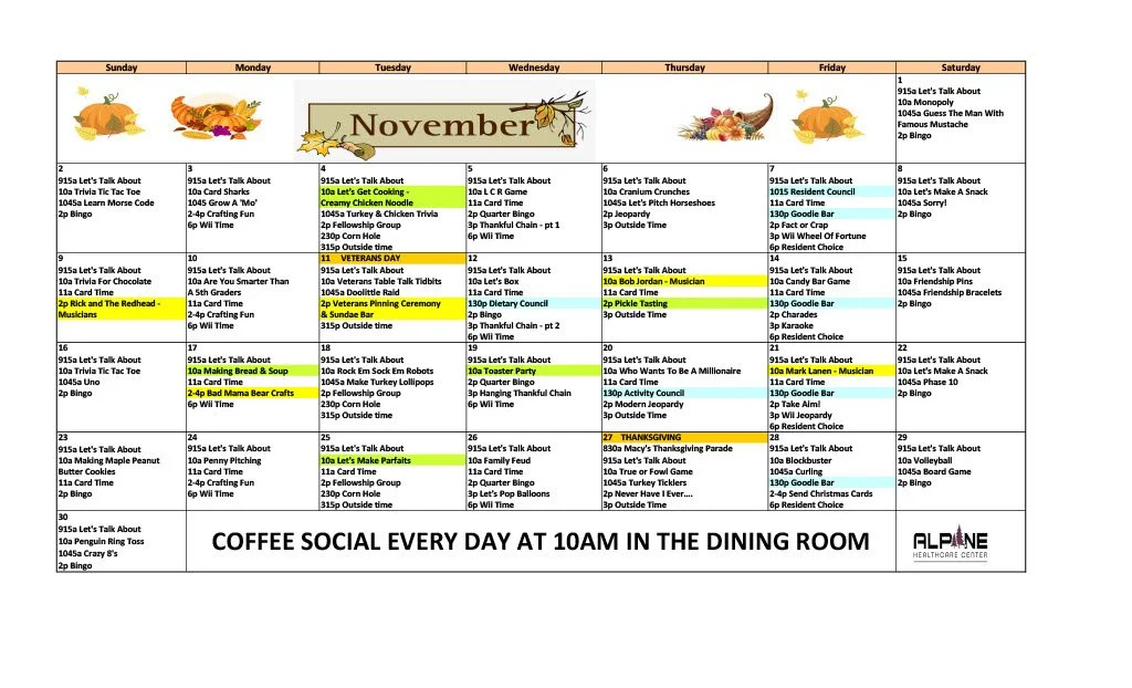 November activity calendar with daily events, including talks, games, crafts, and special holiday events at Alpine Healthcare Center, with a note about coffee social every day at 10 am.