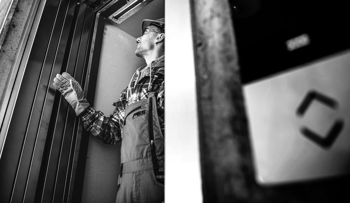A man wearing safety glasses, a plaid shirt, and overalls, standing with his hand on an elevator wall, looking upward in an industrial or construction setting.