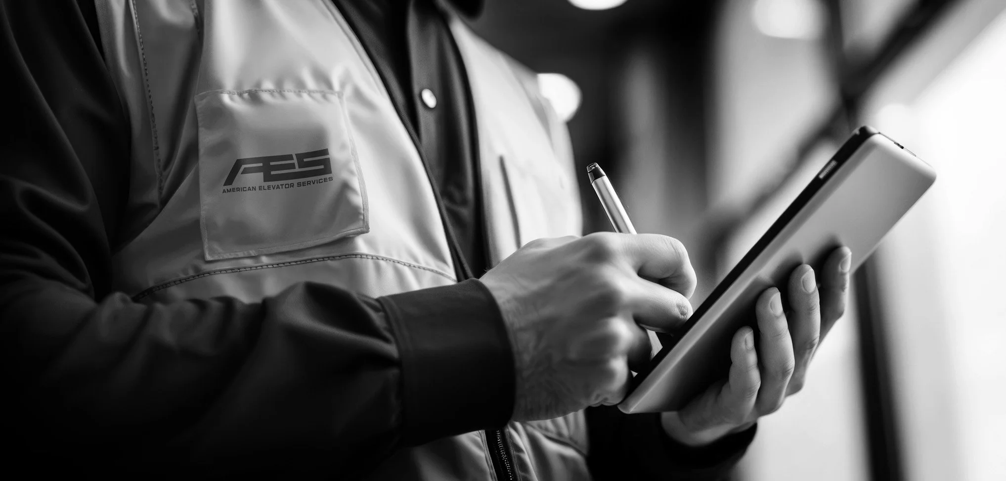 A person wearing a jacket with the American Elevator Services logo on it, holding a pen and writing on a tablet.