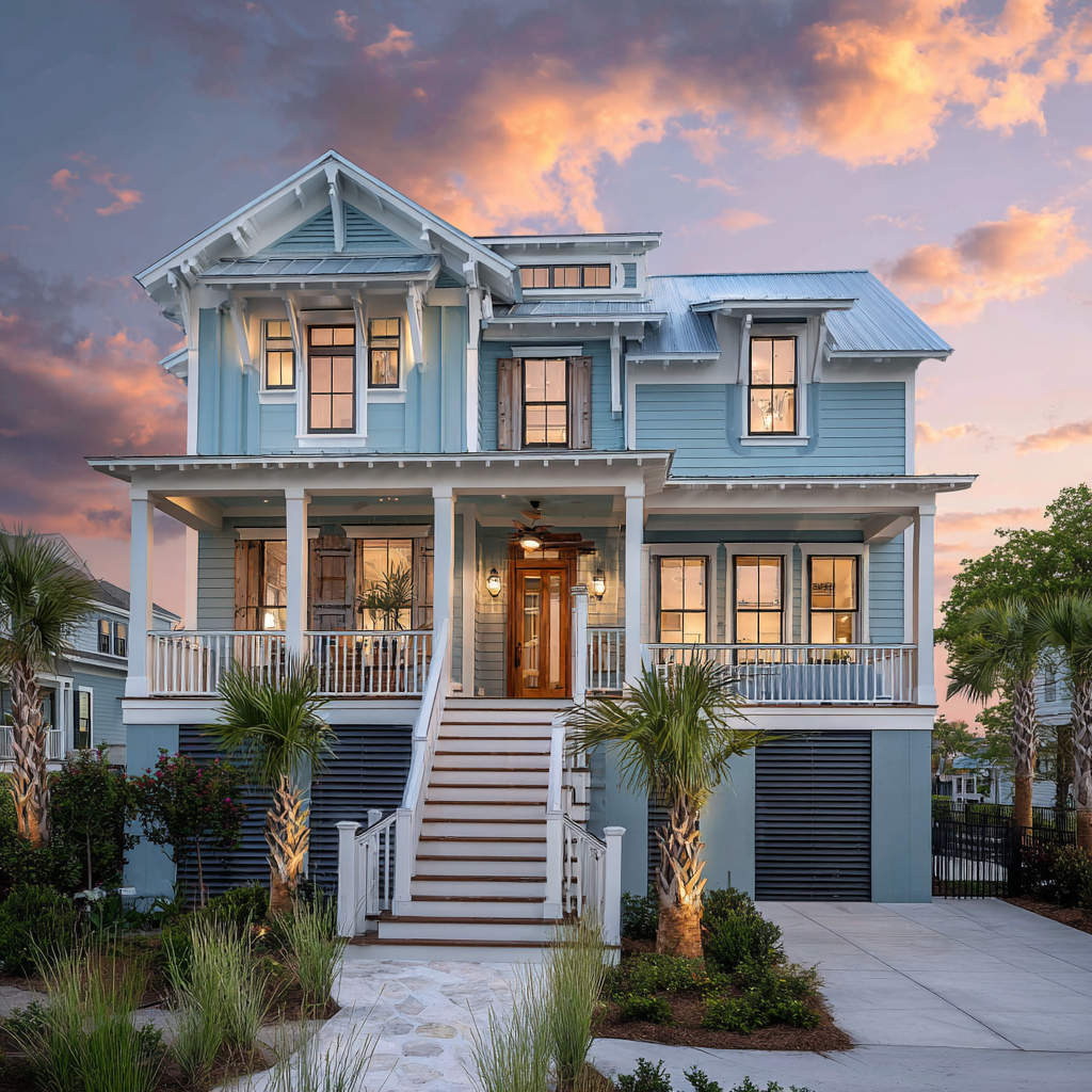 A modern, two-story house with a light blue exterior, white trim, and a covered front porch. The house features large windows and a staircase leading to the front door. There are palm trees and landscaped plants in the front yard, with a sunset sky in the background.