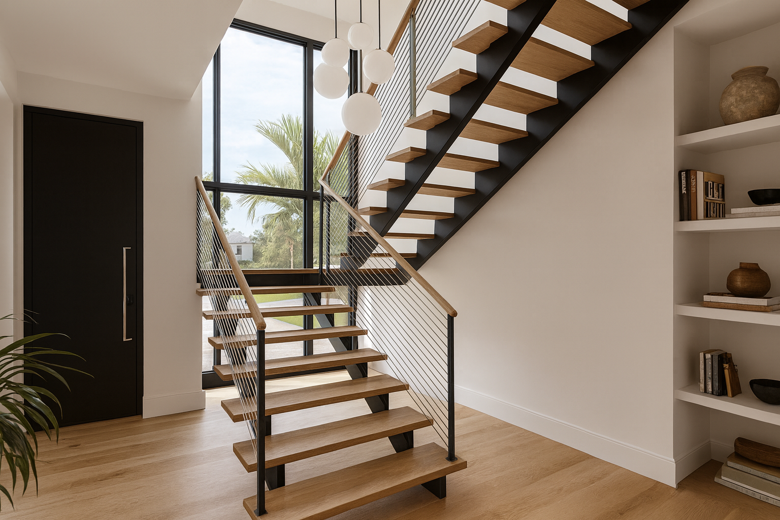 Modern staircase with wooden steps, black metal supports, and cable railing inside a house with large window and built-in shelves.