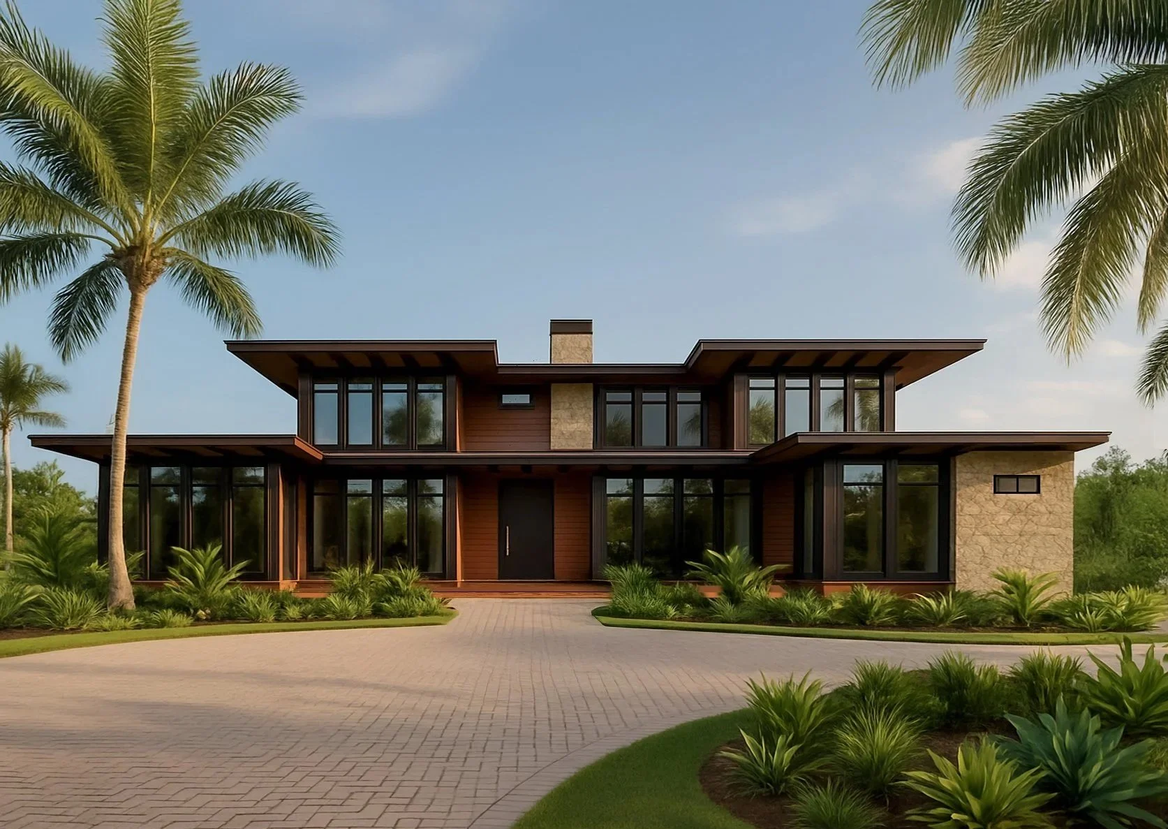 Modern two-story house with large glass windows, surrounded by palm trees and landscaped greenery, with a curved paved driveway.