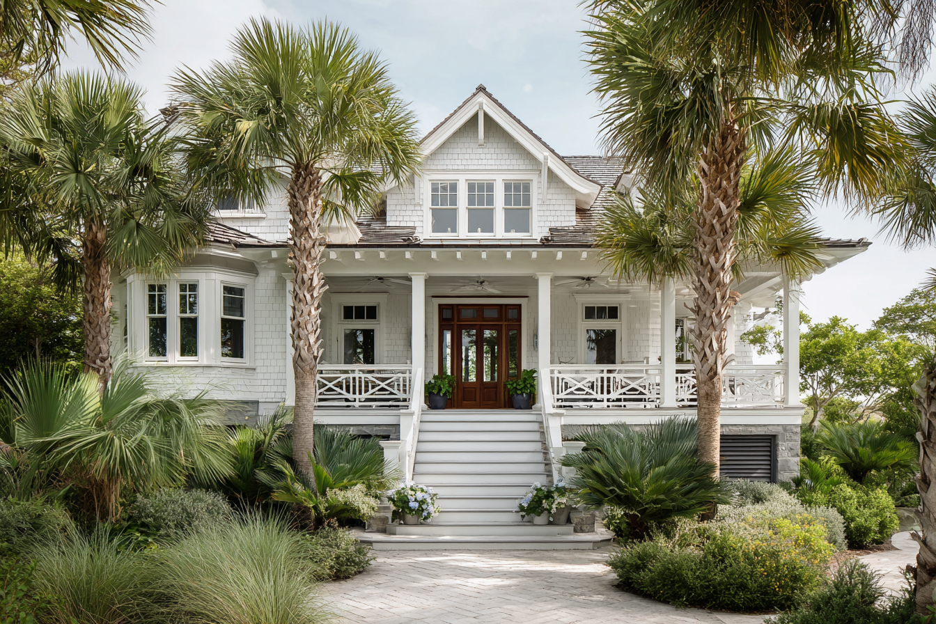 Front view of a white house with a porch, surrounded by palm trees and lush greenery.