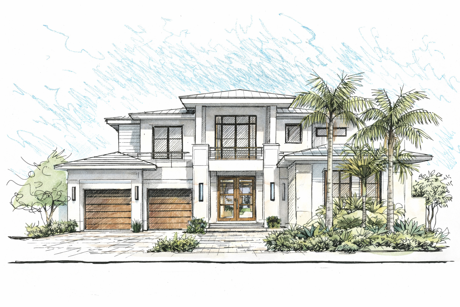 A modern two-story house with a flat roof, two garages with wooden doors, and a front porch with wooden double doors. The house is surrounded by palm trees and landscaped bushes, with a paved walkway leading to the front entrance, and a partly cloudy sky.