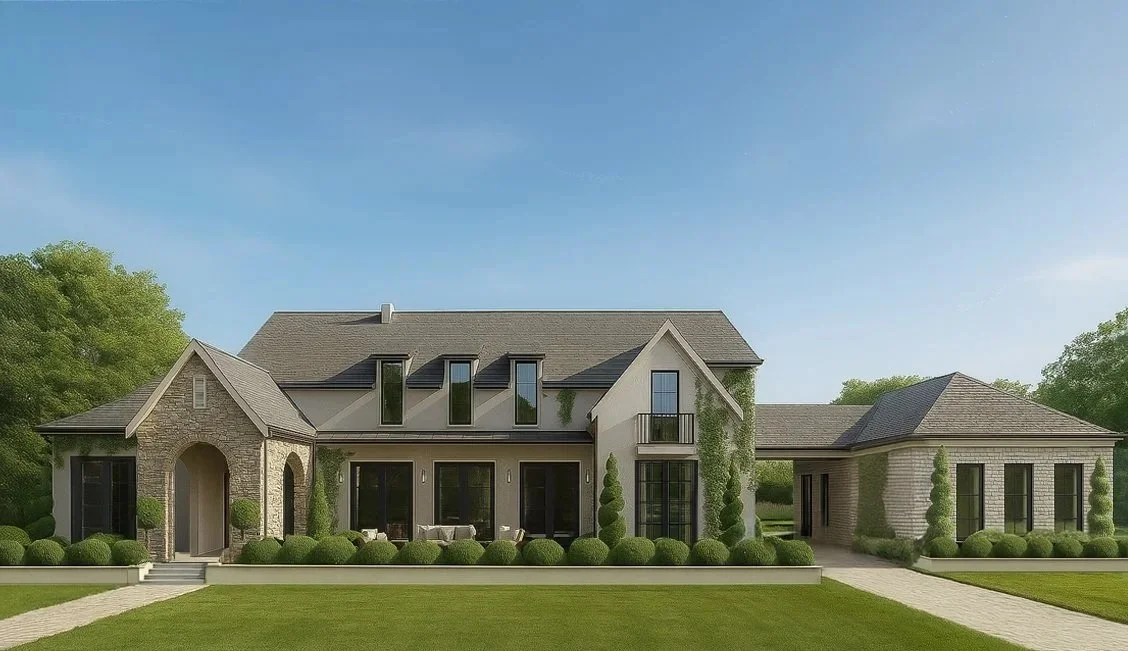 Modern two-story house with stone and stucco exterior, black framed windows, surrounding green lawn, and a clear blue sky.