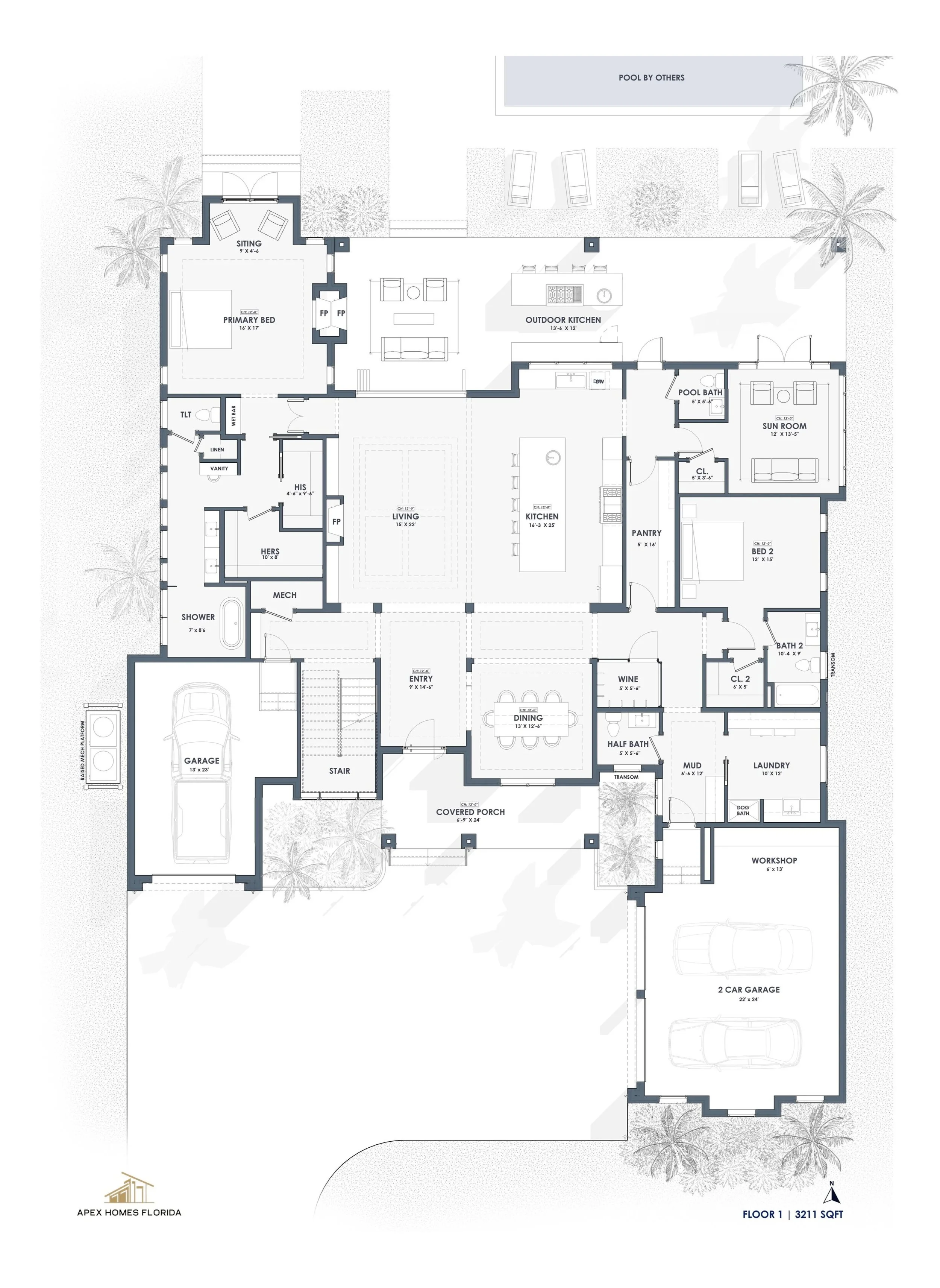 Detailed floor plan of a house including bedrooms, bathrooms, kitchen, living room, dining area, garage, outdoor kitchen, sun room, pool area, laundry, workshop, and porches.