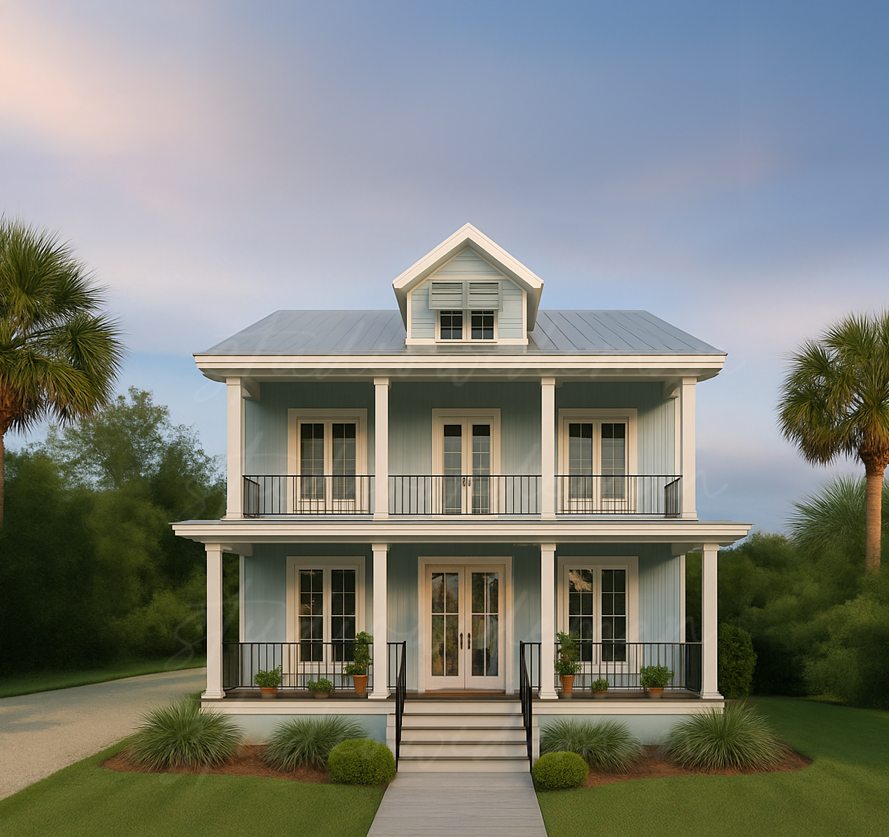 A two-story light blue house with a front porch, glass double doors, and a small balcony above. The house is surrounded by lush greenery and palm trees.