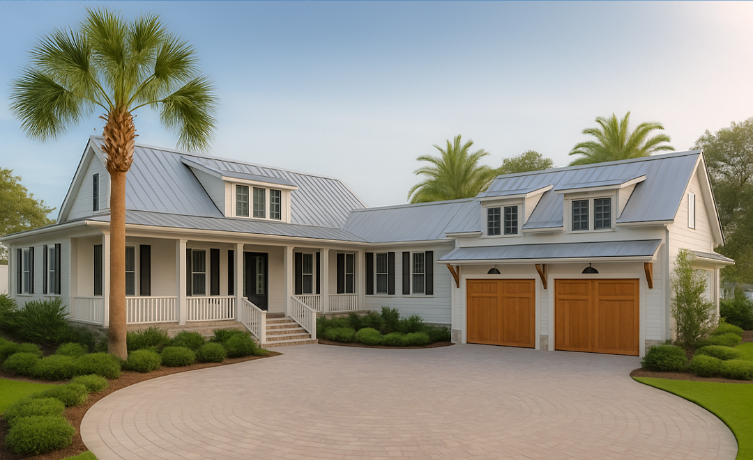 A white house with a metal roof, a front porch, and brown garage doors, surrounded by green shrubs and palm trees, with a curved driveway in front.