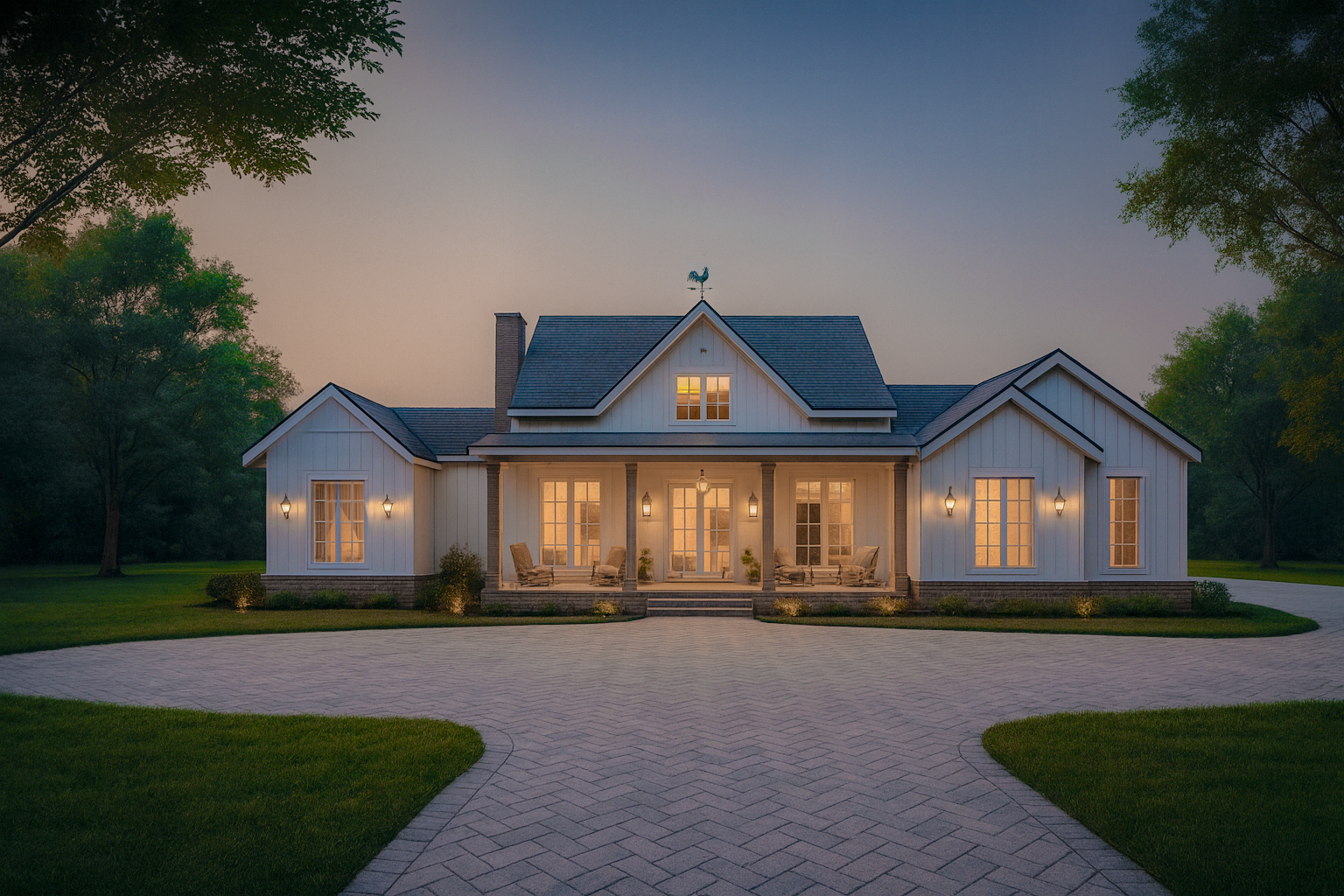 Exterior view of a white house with large windows and front porch, illuminated at dusk, surrounded by green trees and a paved circular driveway.