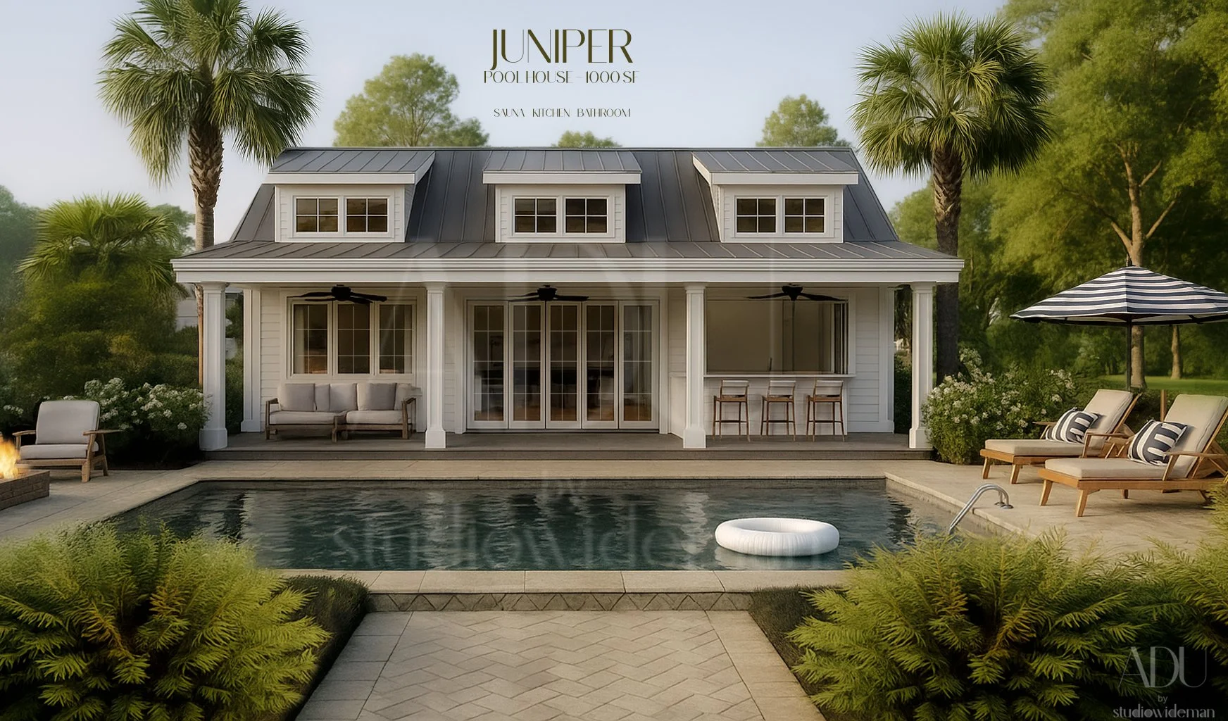 Pool House Plan – Coastal ADU with Sauna Bathroom and Full Kitchen