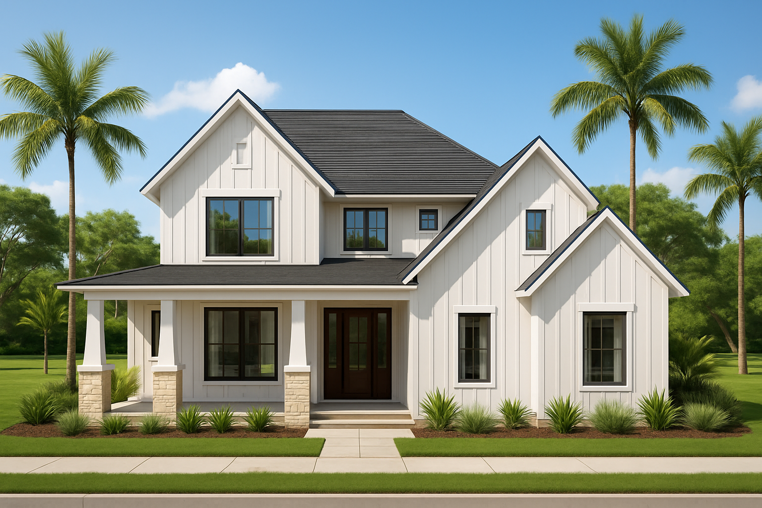 A modern two-story house with white vertical siding, black roof, large windows, front porch, and landscaped yard with palm trees and bushes.