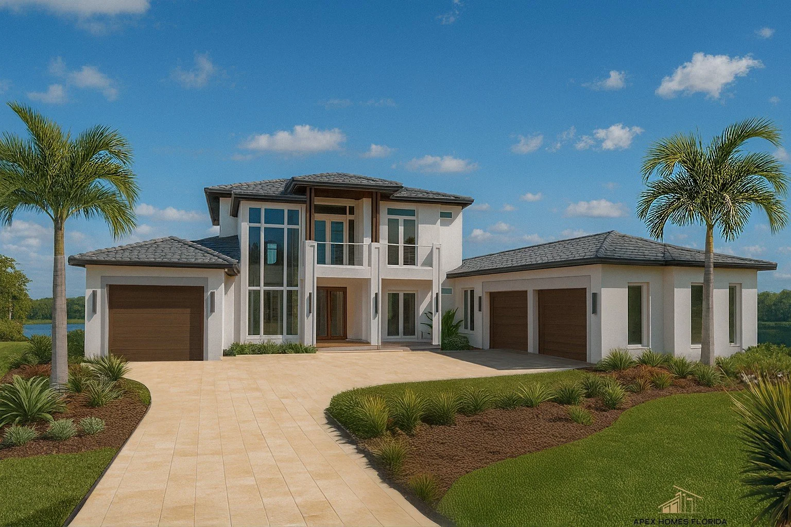 Modern two-story house with white walls and dark gray roof, surrounded by palm trees and landscaped garden