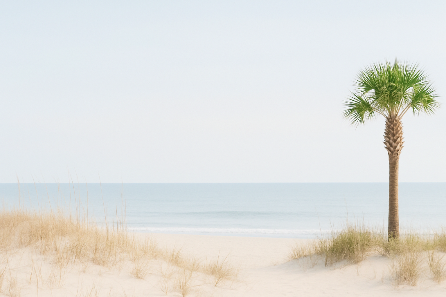 A sandy beach with grasses and a single palm tree, ocean in the background, clear sky.