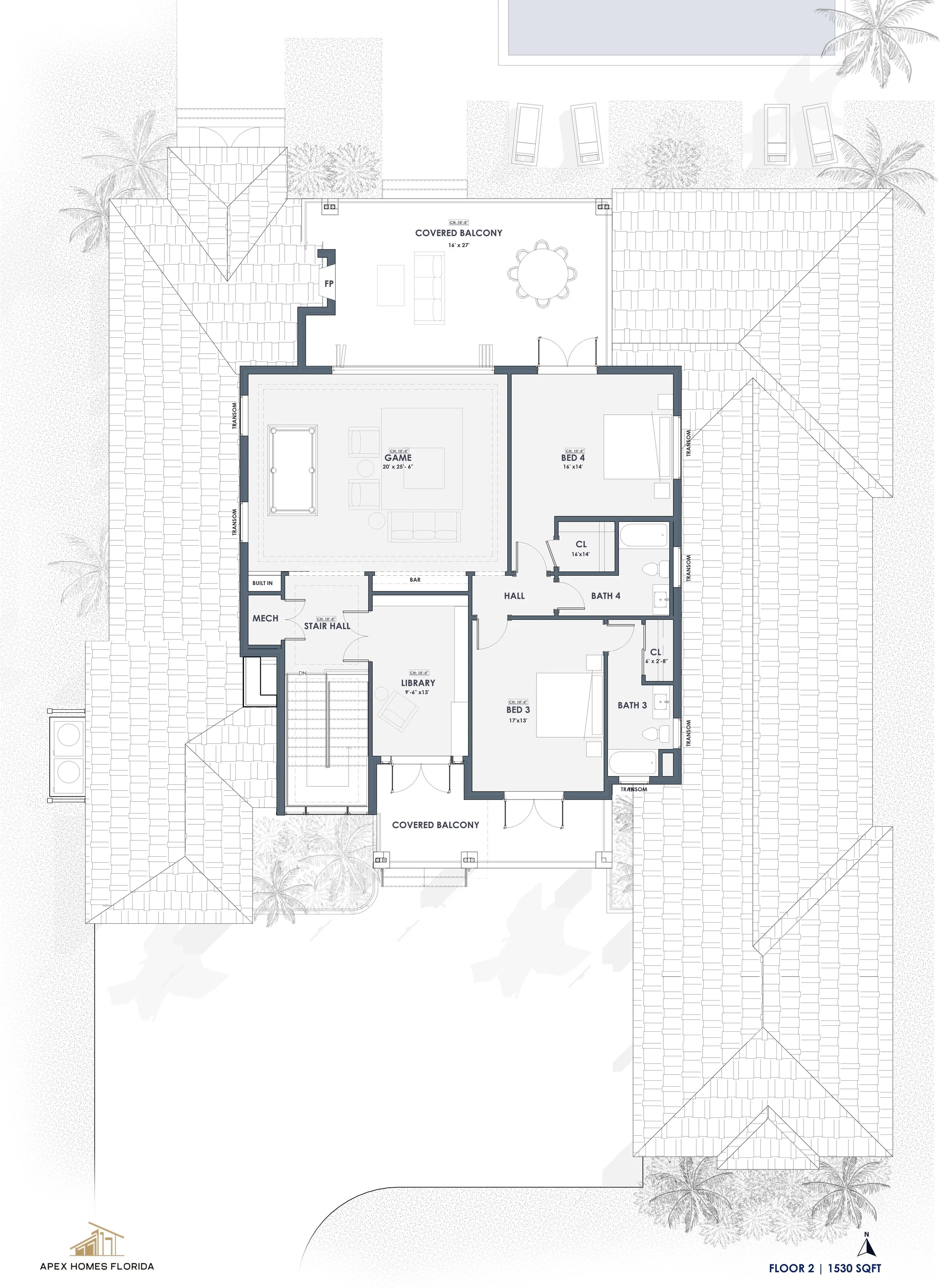 Architectural floor plan of a house showing rooms such as bedrooms, bathrooms, game room, library, hall, stair hall, mechanical room, and covered balconies, with outdoor landscaping including palm trees and a pool.