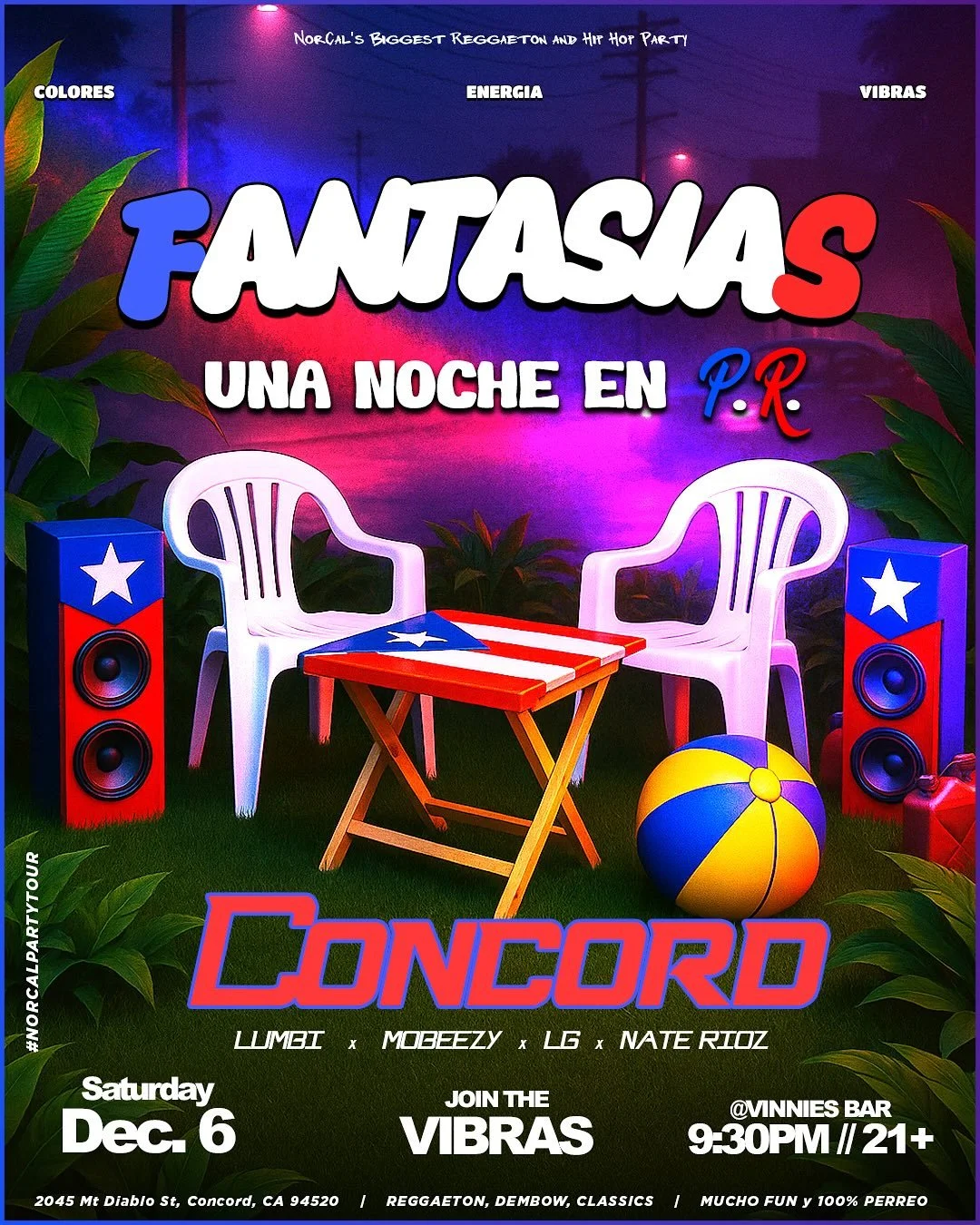 CONCORD! 🎡🌴 Fantas&iacute;as is back and ready to bring the first ever GIANT tropical perreo party to the East Bay! 🇵🇷🔥 Let&rsquo;s save the date and meet us inside&nbsp;@thevinniesbar Saturday December 6th ✈️💃

Una Noche En PR is going to be 1
