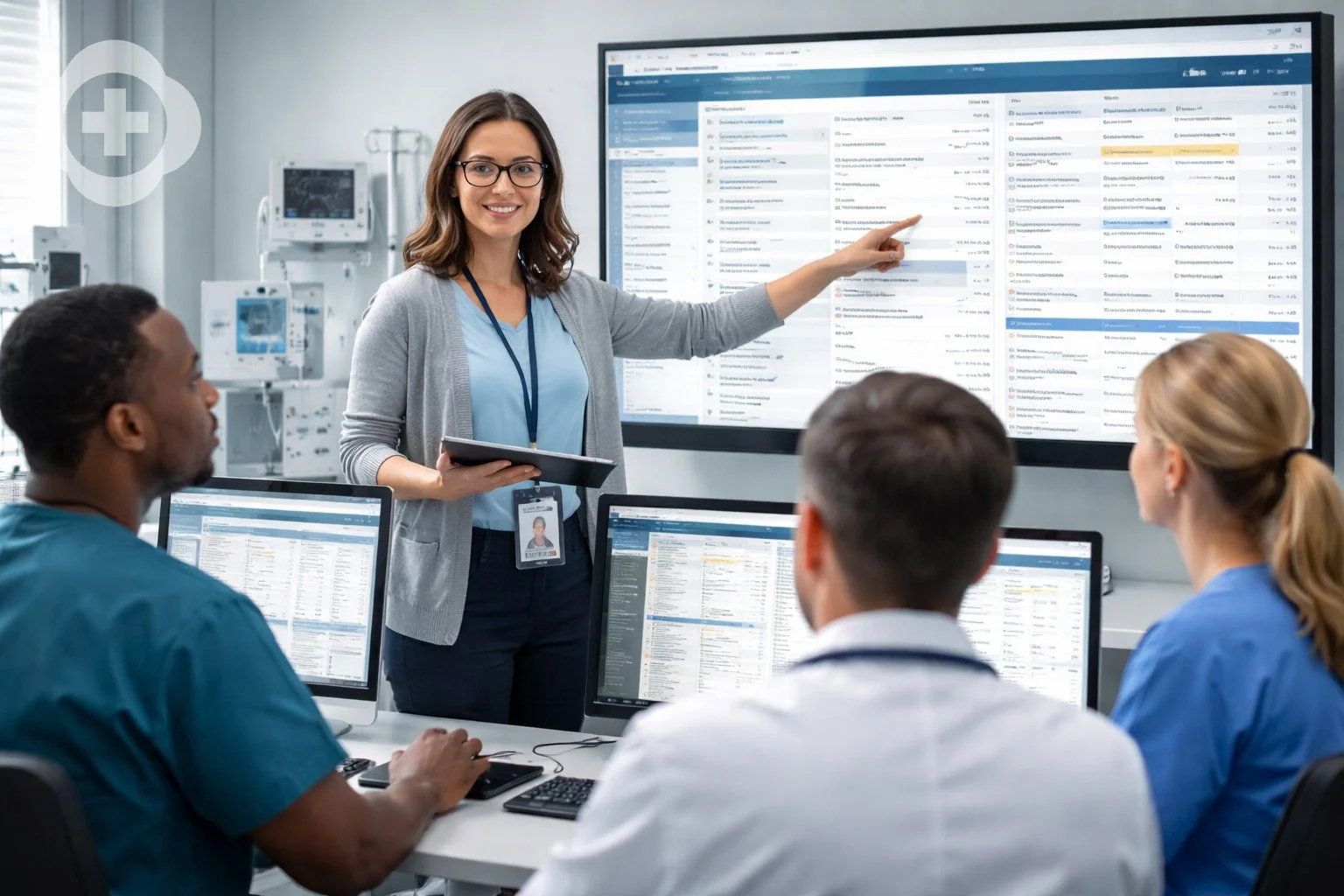 Medical professionals in a hospital meeting room, with a female presenter pointing at a large screen showing a patient email inbox, while three colleagues listen and work on computers.