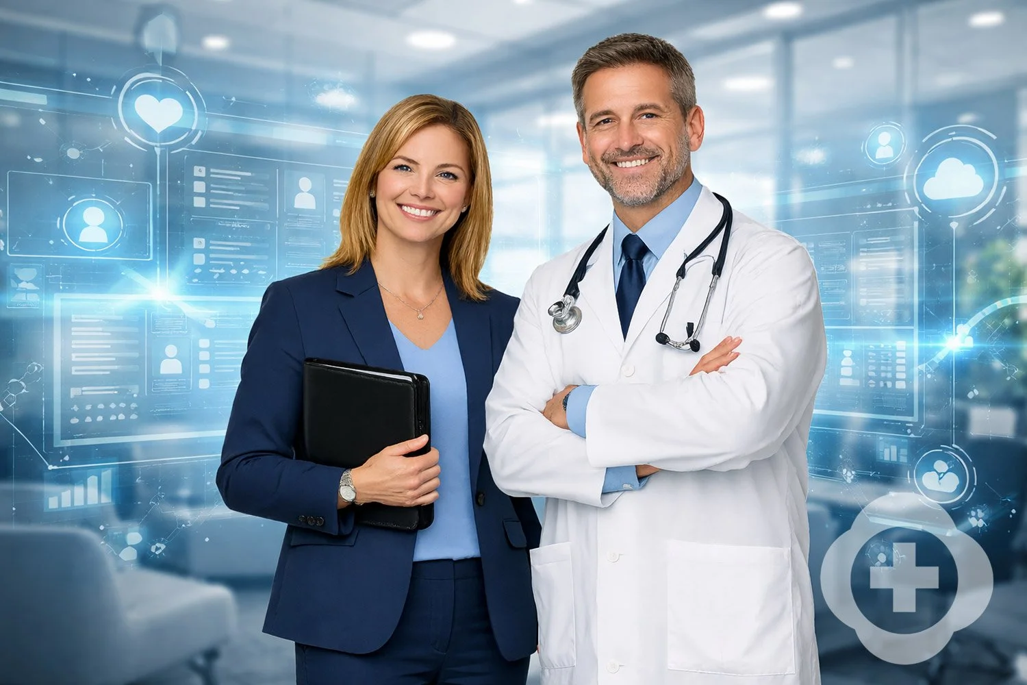 A smiling female doctor and a smiling male doctor in a hospital or medical office. The female doctor is holding a folder. Digital health icons and data overlays are in the background.