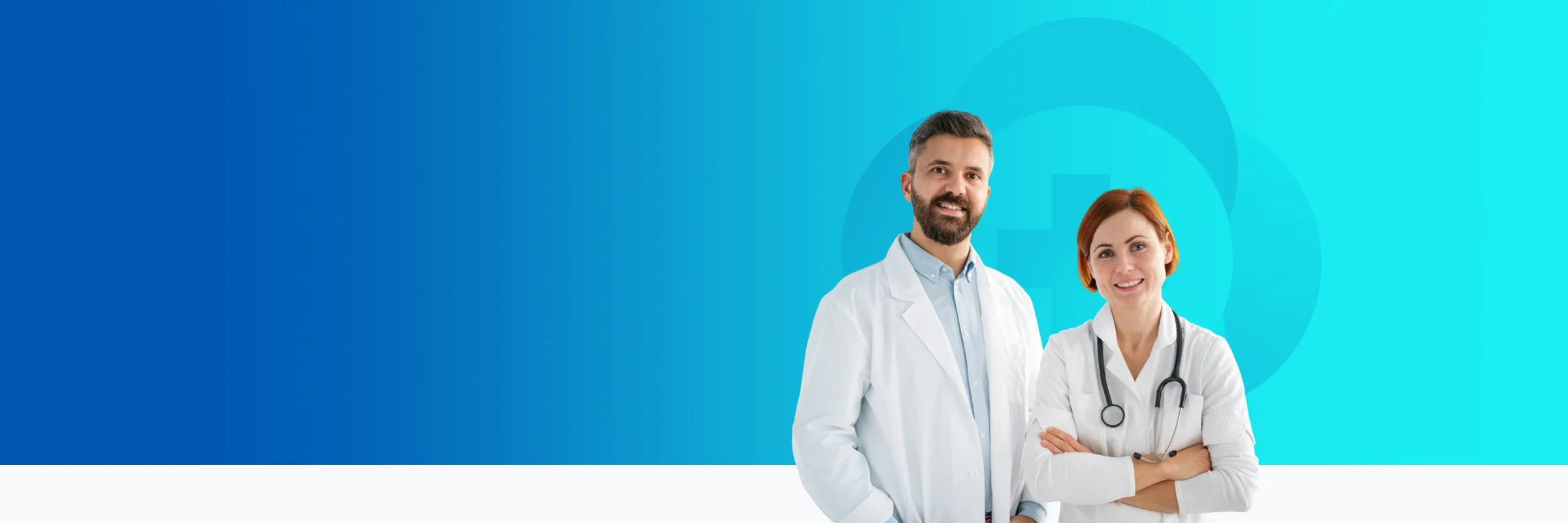 Two doctors, a man and a woman, standing together with a blue background and medical symbols. The woman is wearing a stethoscope.