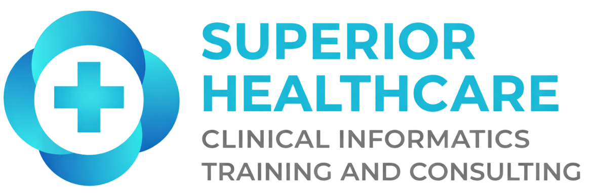 Logo for Superior Healthcare with a blue medical cross inside a partial circular design, text indicating services like clinicalinformatics, training, and consulting.