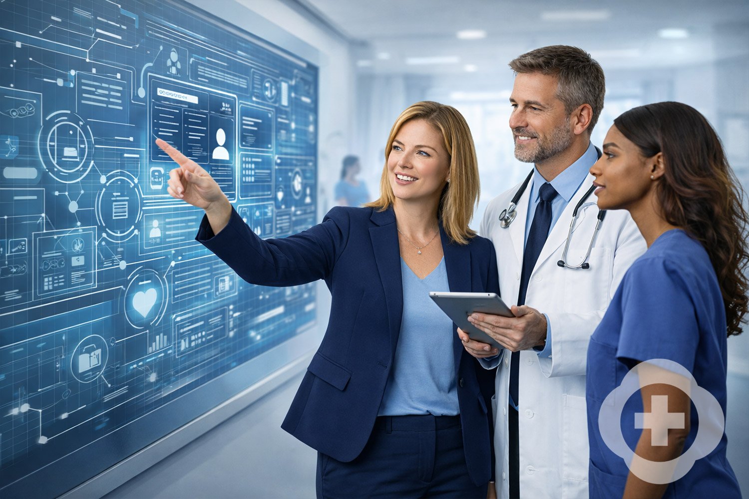 Three healthcare professionals in a hospital, viewing a digital health interface on a large screen, with a woman pointing at the data and other two listening. The interface displays medical and healthcare icons.