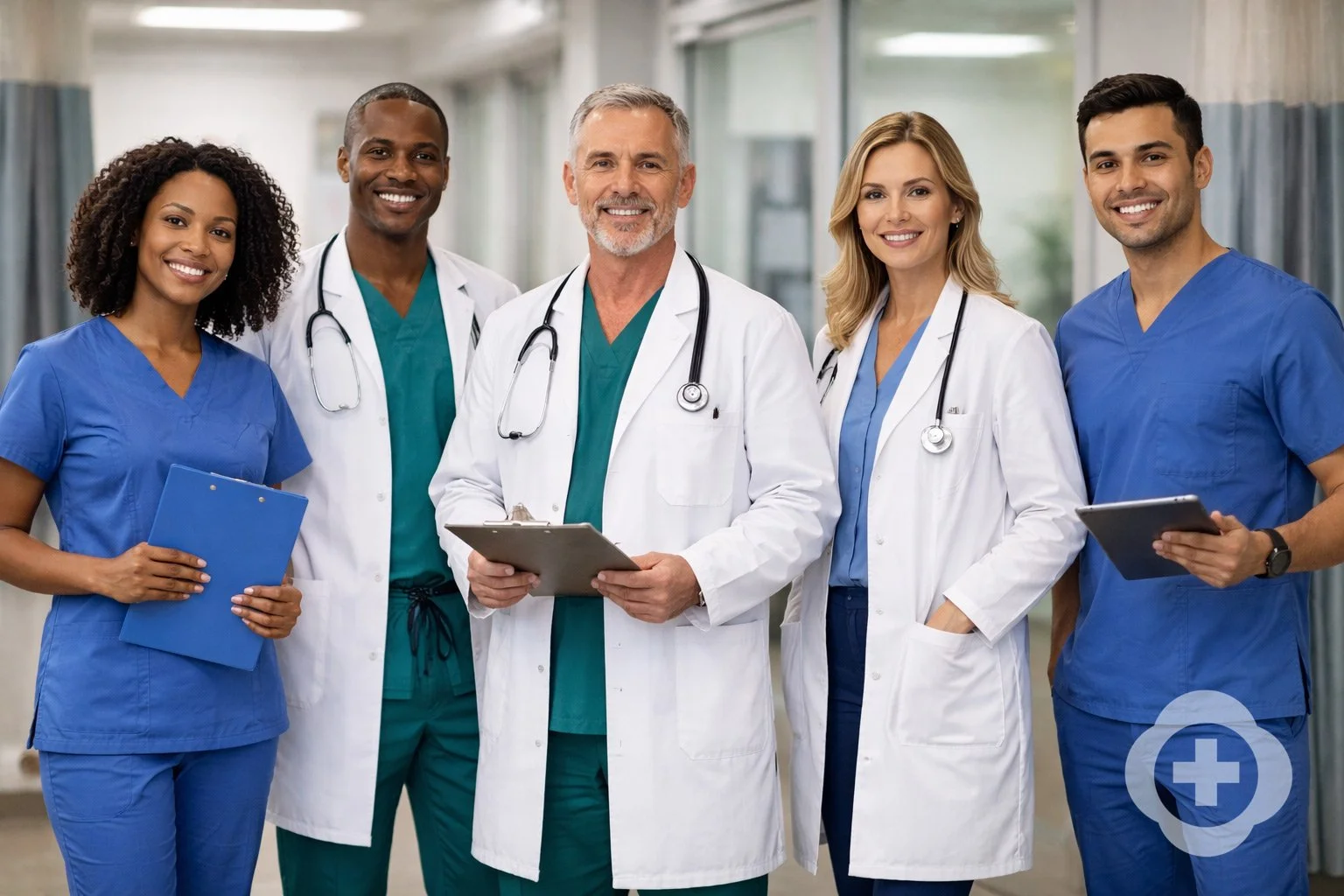 Group of five healthcare professionals standing together in hospital corridor, smiling, wearing scrubs and white coats, holding clipboards and tablets.
