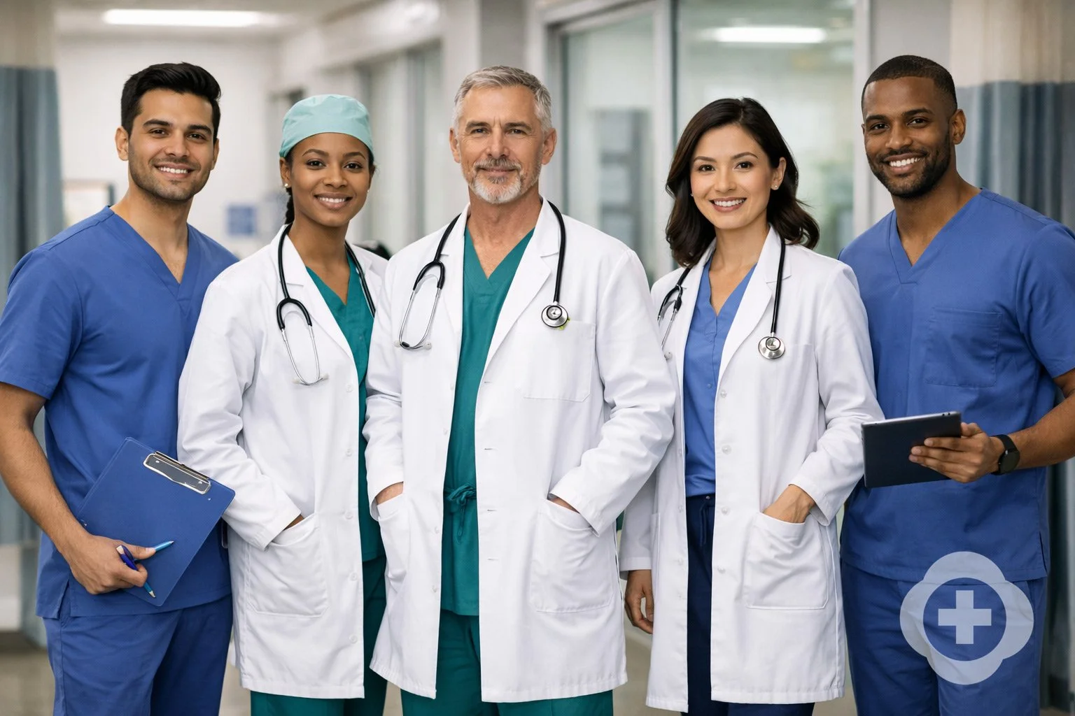 Group of diverse healthcare professionals including doctors and nurses smiling in a hospital corridor.