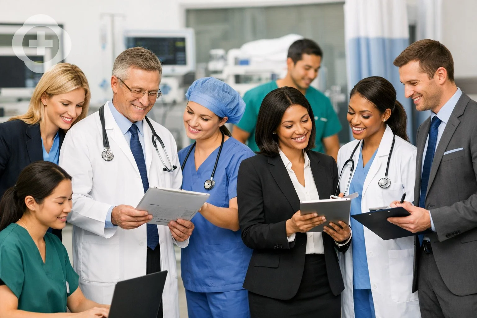 Group of diverse healthcare professionals and doctors interacting and reviewing documents in a hospital setting.