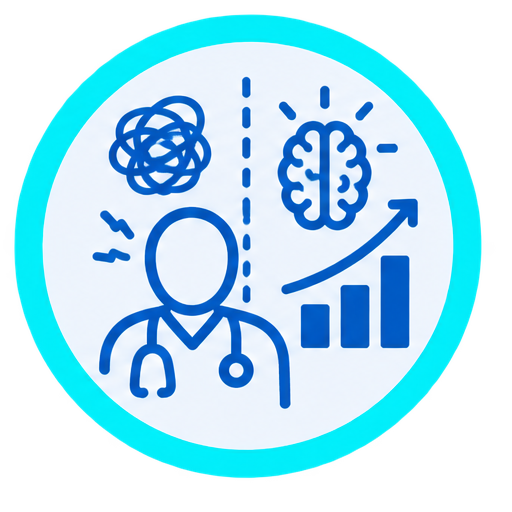 Icon of a doctor with a stethoscope on the left, symbols of a tangled brain and a clear brain with an upward trend graph on the right, representing mental health and medical progress.