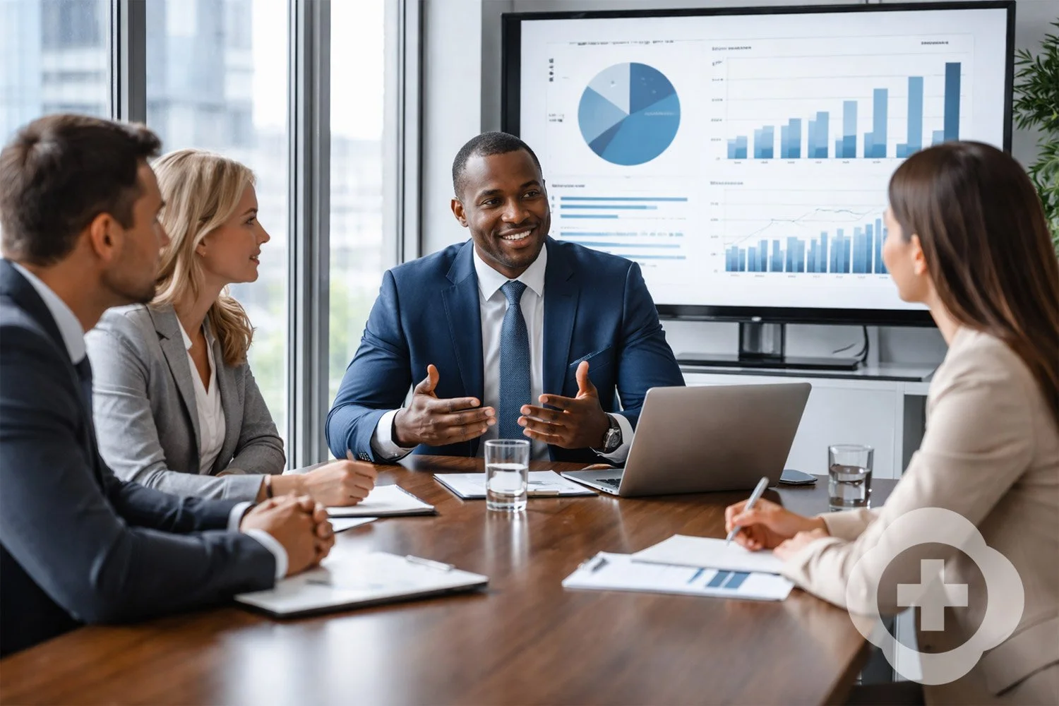 Business meeting with five professionals sitting around a table, a man in a blue suit speaking, with a large screen behind showing charts and graphs.
