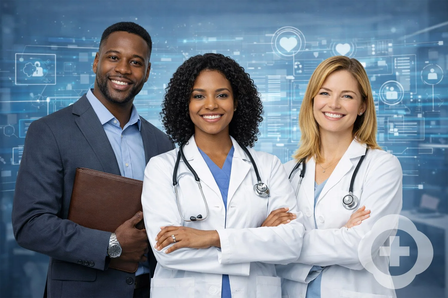 A diverse group of three medical professionals, two women and one man, smiling and standing in a hospital or medical setting with a digital background showing medical icons and technology symbols.